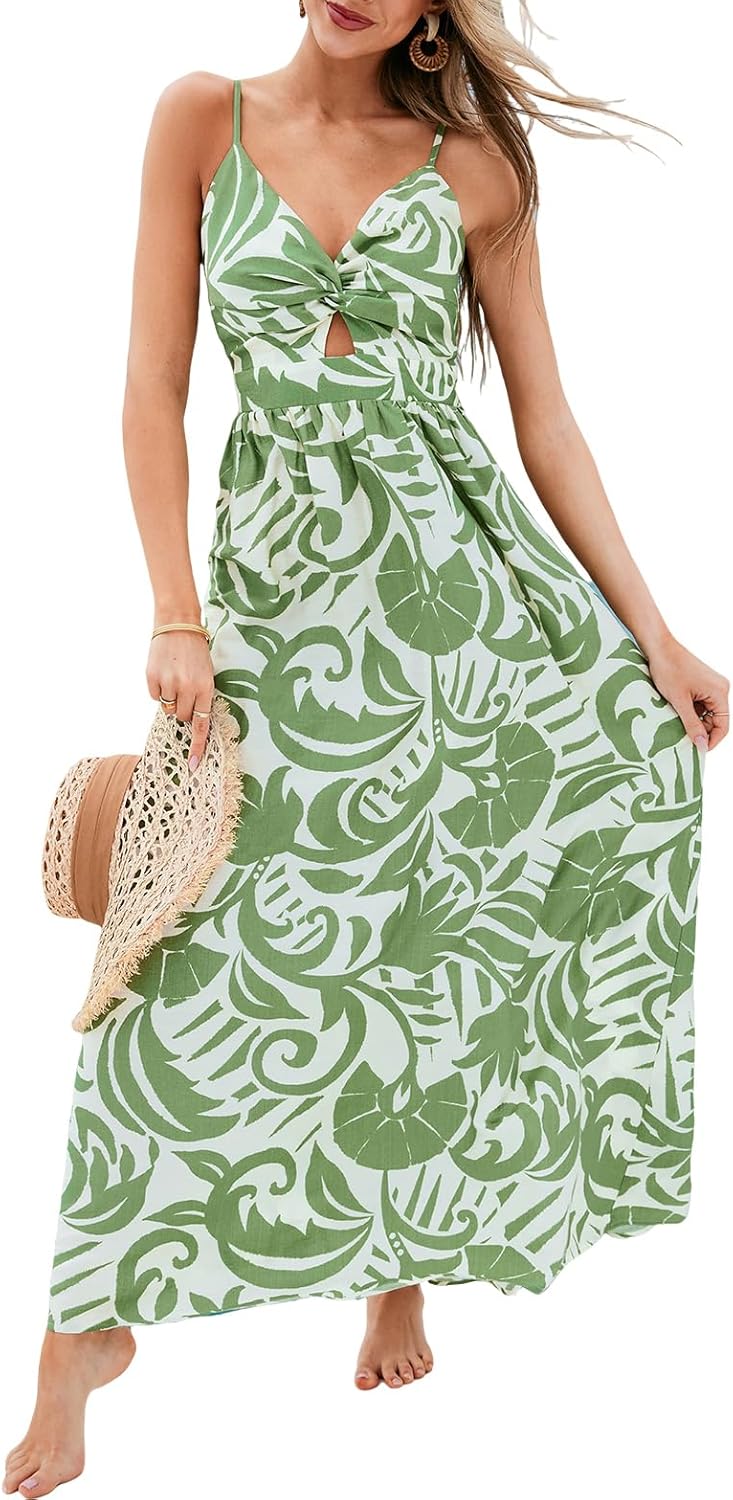 CUPSHE Women's Maxi Dress Floral Print Twisted V Neck Sleeveless Long Dress Summer Casual Dress