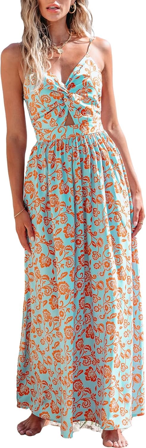 CUPSHE Women's Maxi Dress Floral Print Twisted V Neck Sleeveless Long Dress Summer Casual Dress