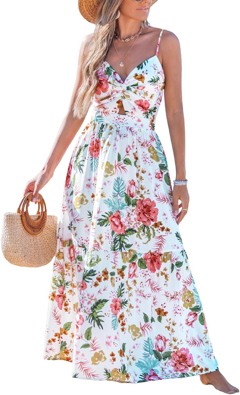 CUPSHE Women's Maxi Dress Floral Print Twisted V Neck Sleeveless Long Dress Summer Casual Dress