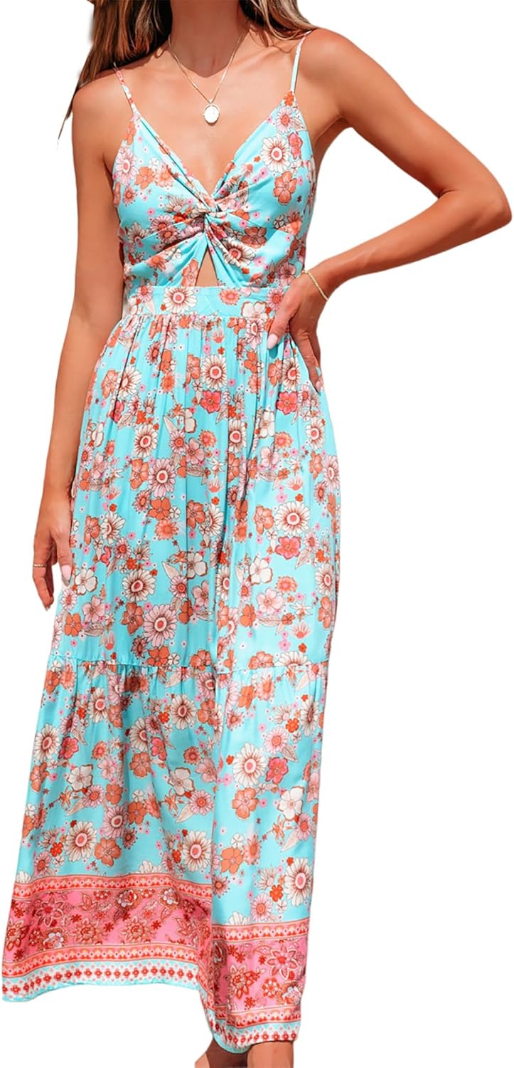 CUPSHE Women's Maxi Dress Floral Print Twisted V Neck Sleeveless Long Dress Summer Casual Dress