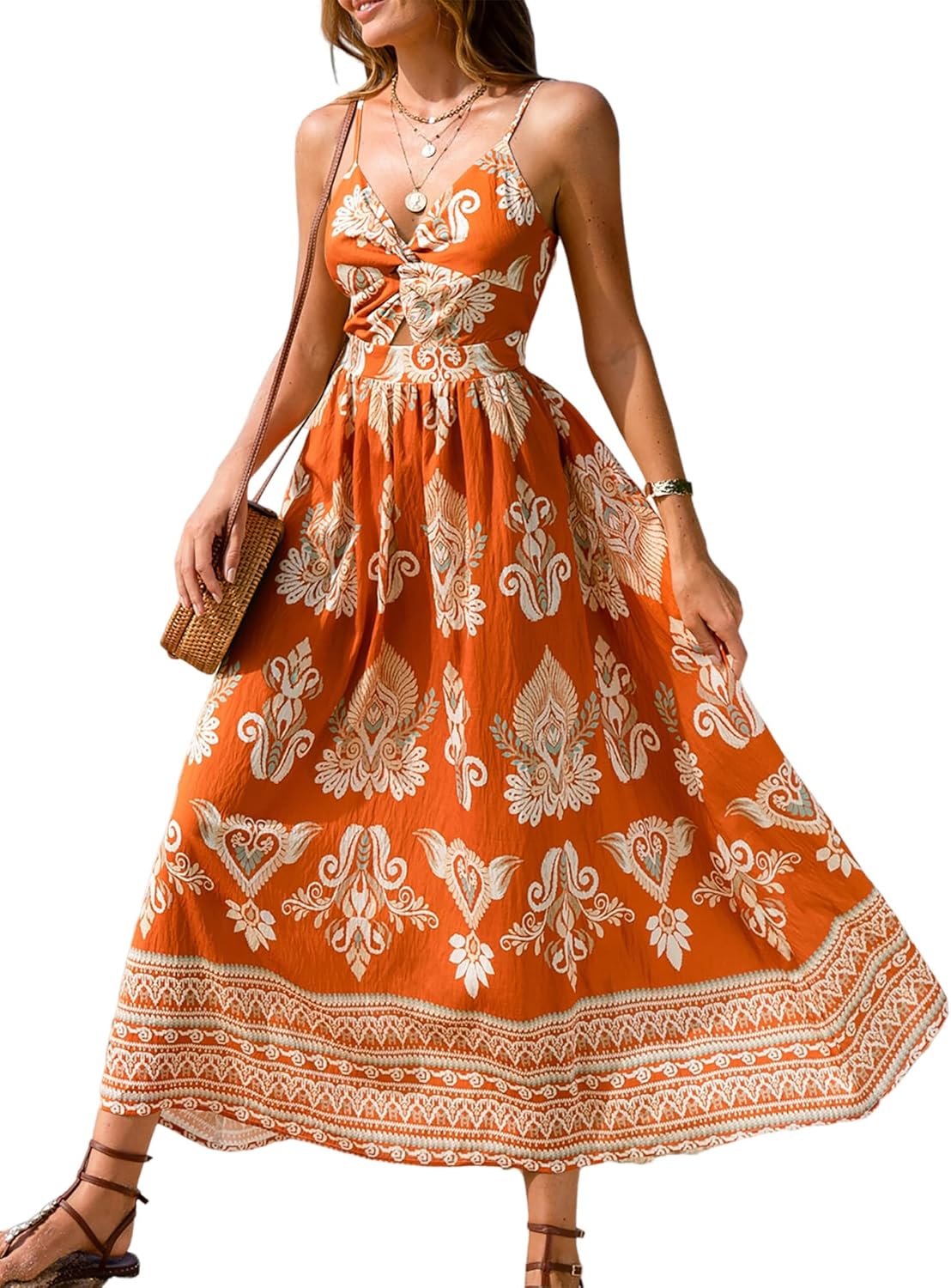 CUPSHE Women's Maxi Dress Floral Print Twisted V Neck Sleeveless Long Dress Summer Casual Dress