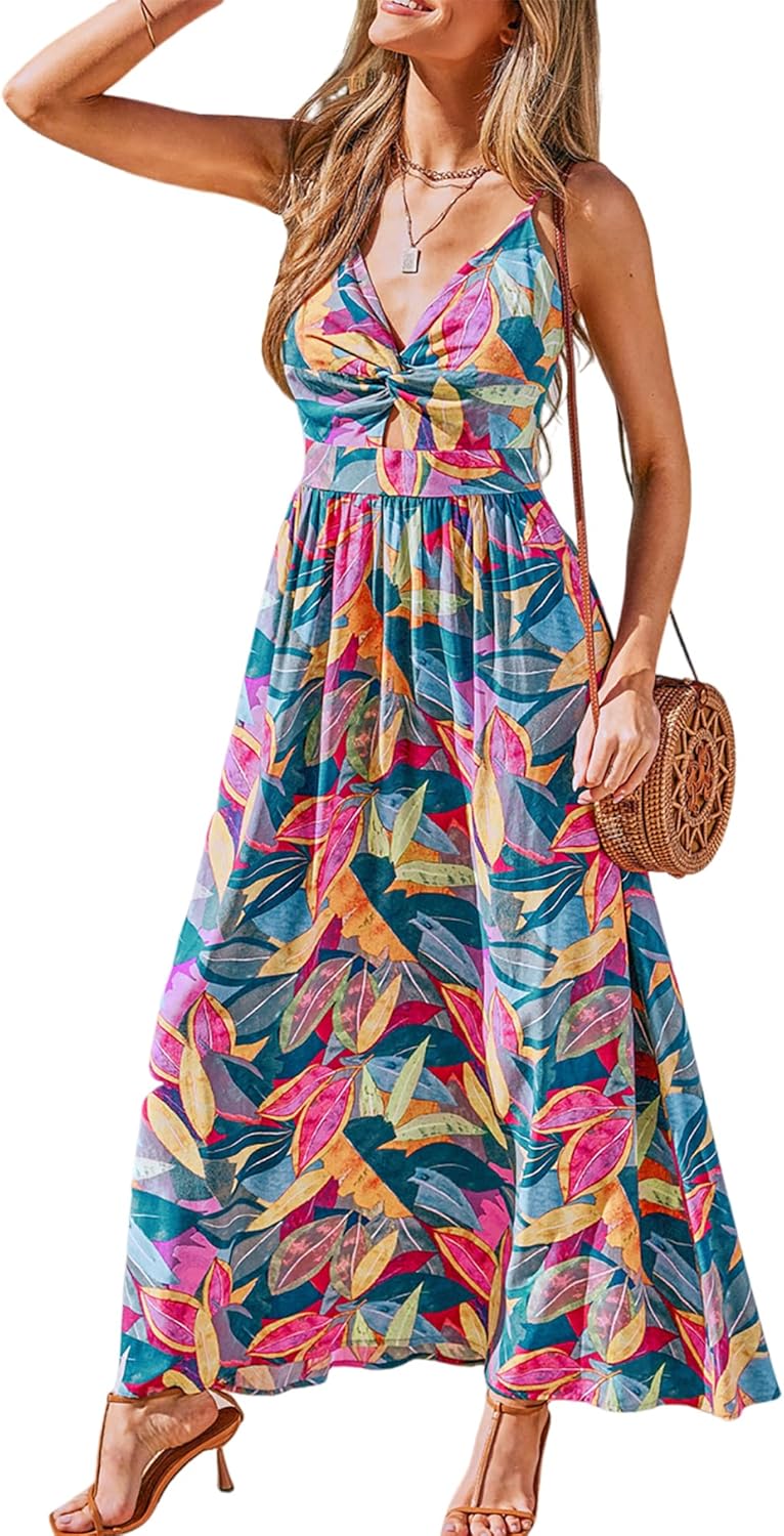 CUPSHE Women's Maxi Dress Floral Print Twisted V Neck Sleeveless Long Dress Summer Casual Dress