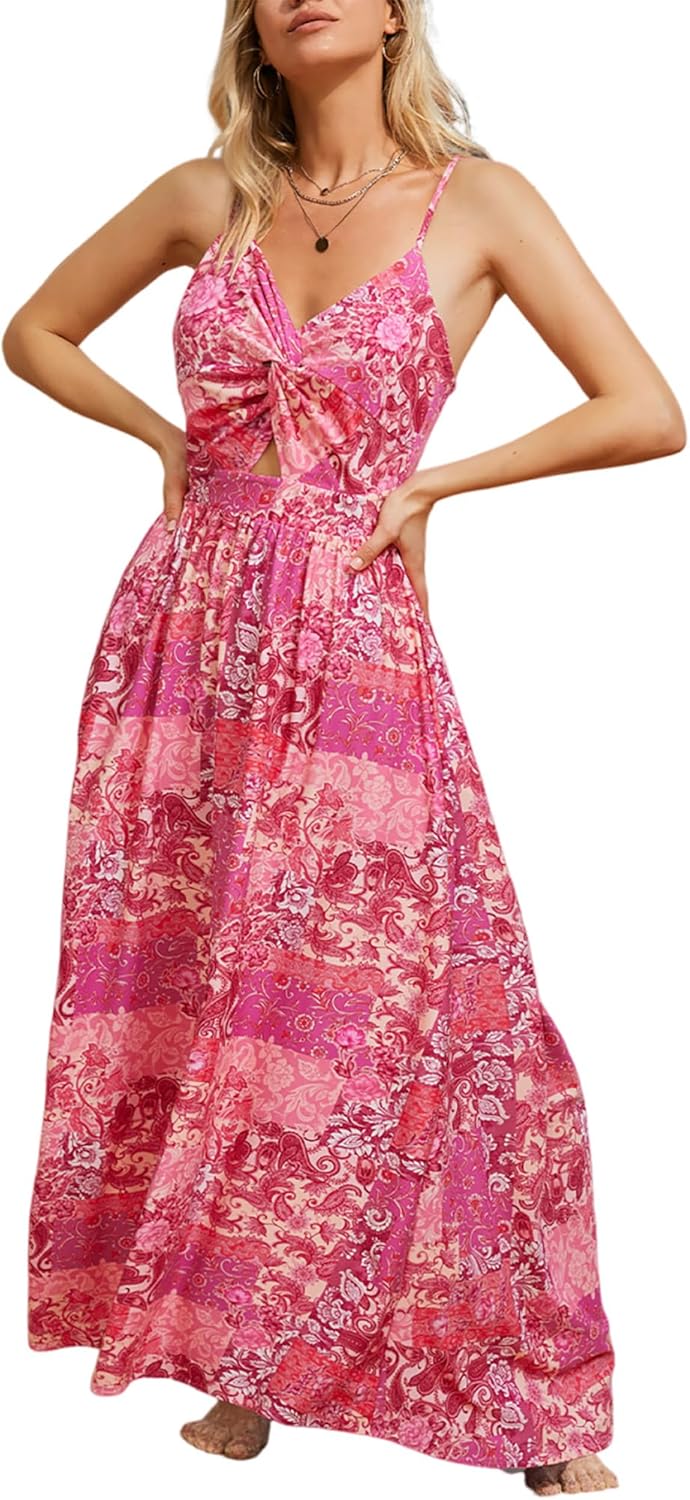 CUPSHE Women's Maxi Dress Floral Print Twisted V Neck Sleeveless Long Dress Summer Casual Dress