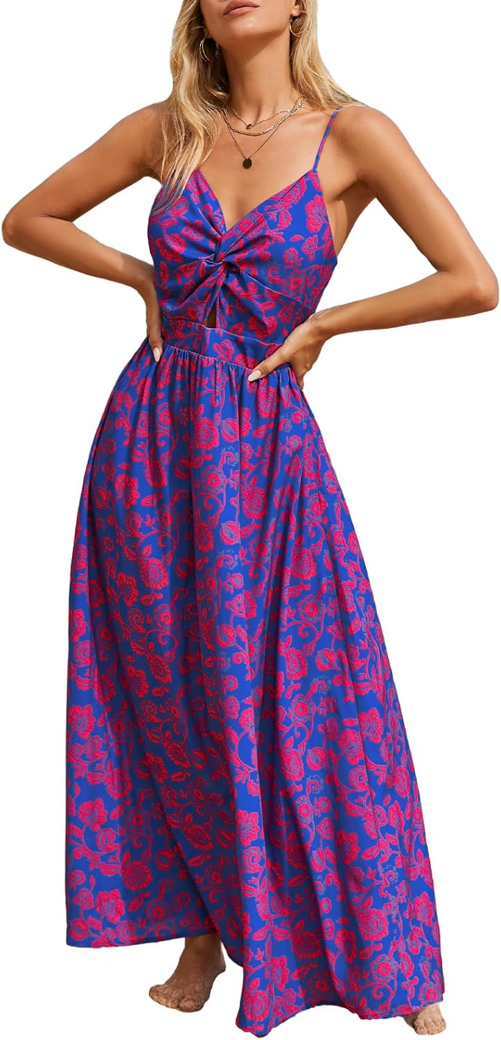 CUPSHE Women's Maxi Dress Floral Print Twisted V Neck Sleeveless Long Dress Summer Casual Dress