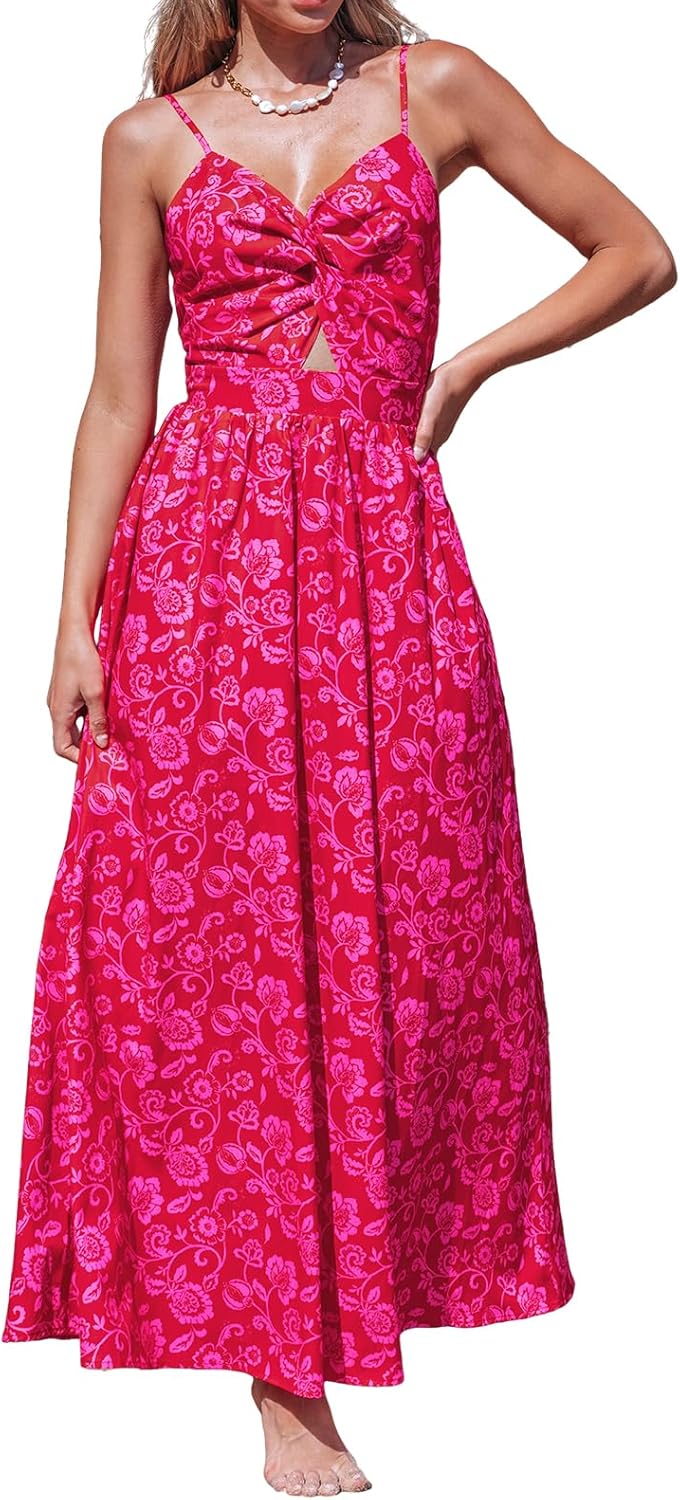 CUPSHE Women's Maxi Dress Floral Print Twisted V Neck Sleeveless Long Dress Summer Casual Dress