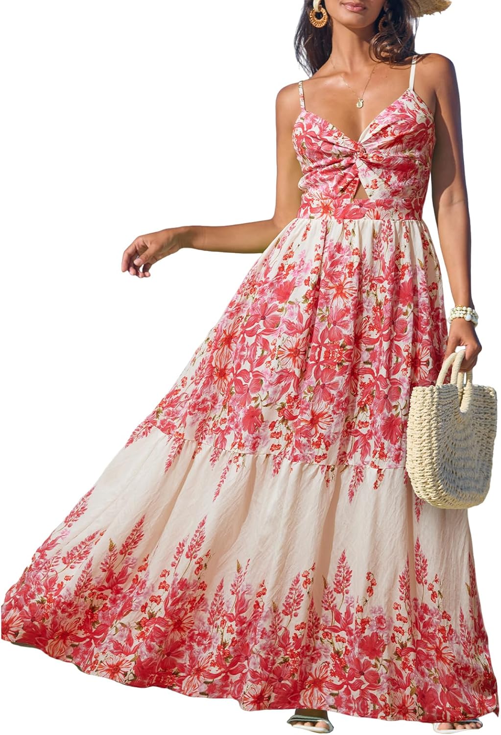 CUPSHE Women's Maxi Dress Floral Print Twisted V Neck Sleeveless Long Dress Summer Casual Dress