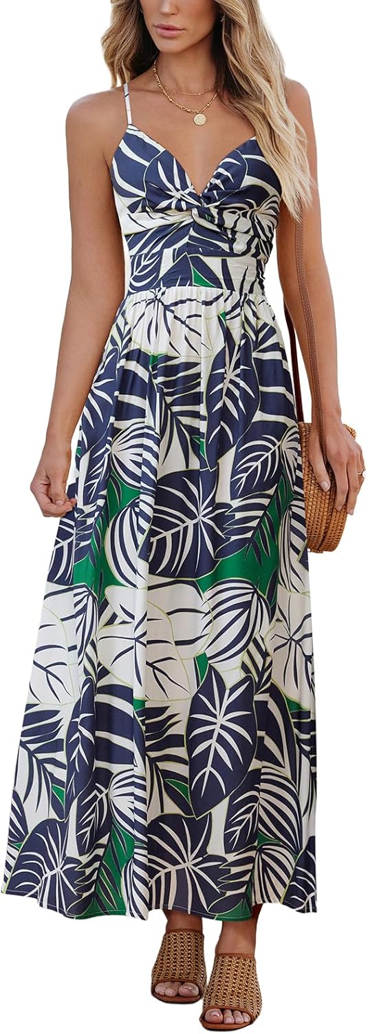 CUPSHE Women's Maxi Dress Floral Print Twisted V Neck Sleeveless Long Dress Summer Casual Dress