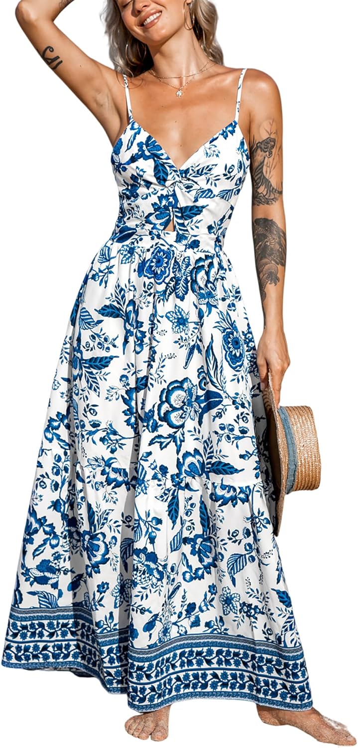 CUPSHE Women's Maxi Dress Floral Print Twisted V Neck Sleeveless Long Dress Summer Casual Dress