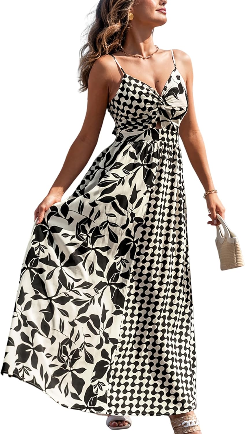 CUPSHE Women's Maxi Dress Floral Print Twisted V Neck Sleeveless Long Dress Summer Casual Dress