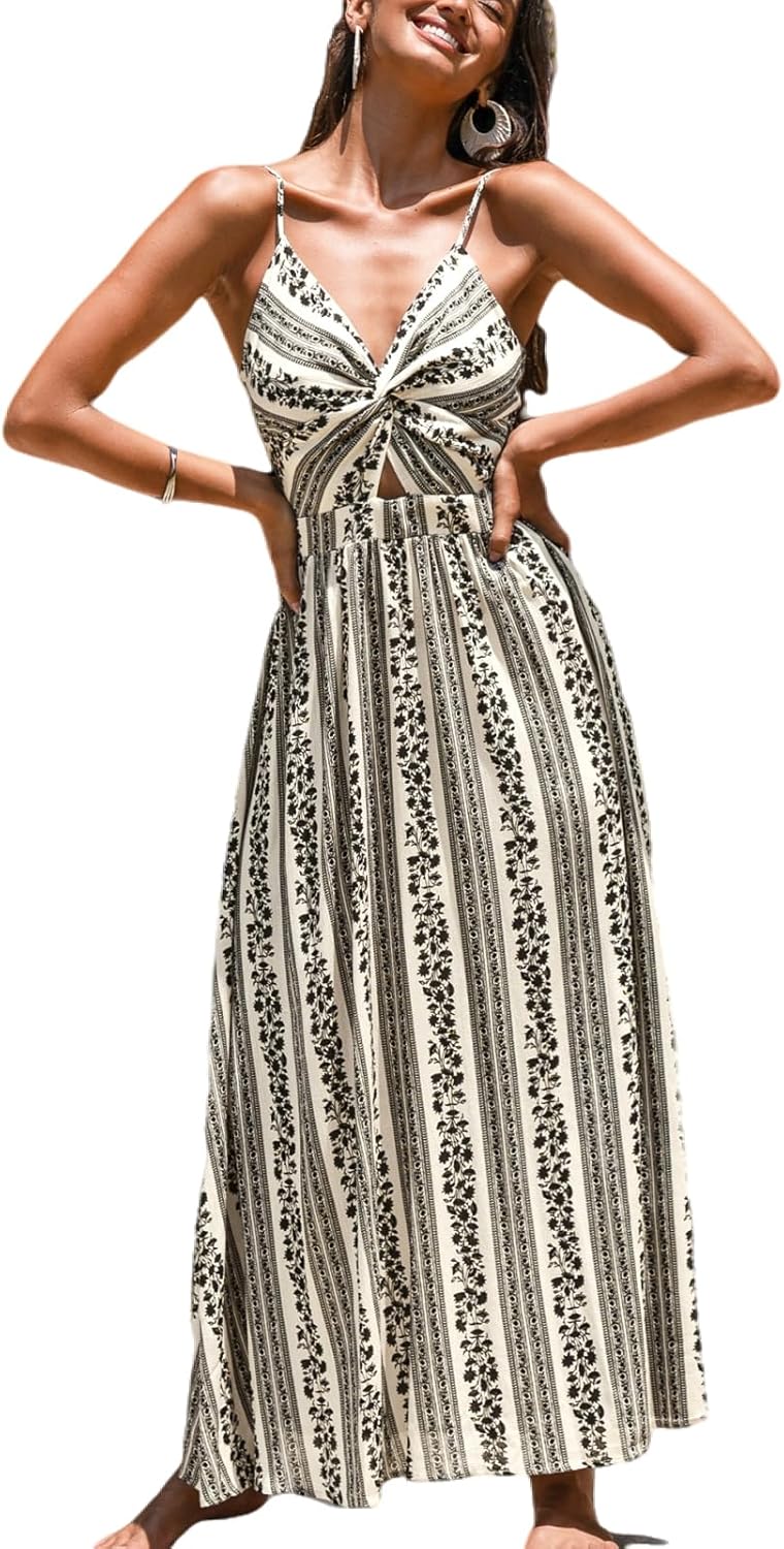 CUPSHE Women's Maxi Dress Floral Print Twisted V Neck Sleeveless Long Dress Summer Casual Dress