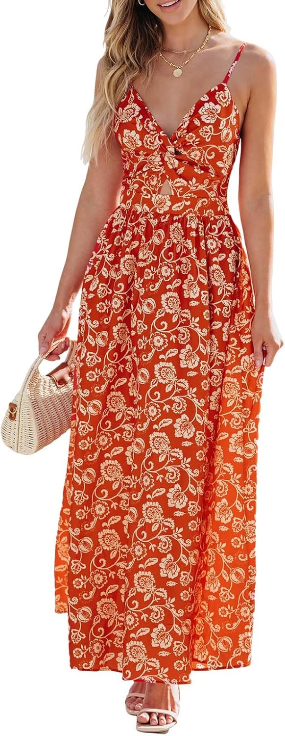 CUPSHE Women's Maxi Dress Floral Print Twisted V Neck Sleeveless Long Dress Summer Casual Dress
