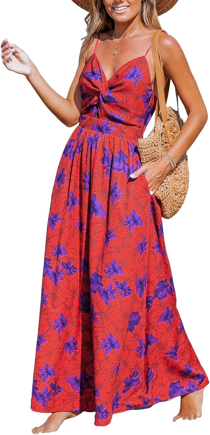 CUPSHE Women's Maxi Dress Floral Print Twisted V Neck Sleeveless Long Dress Summer Casual Dress