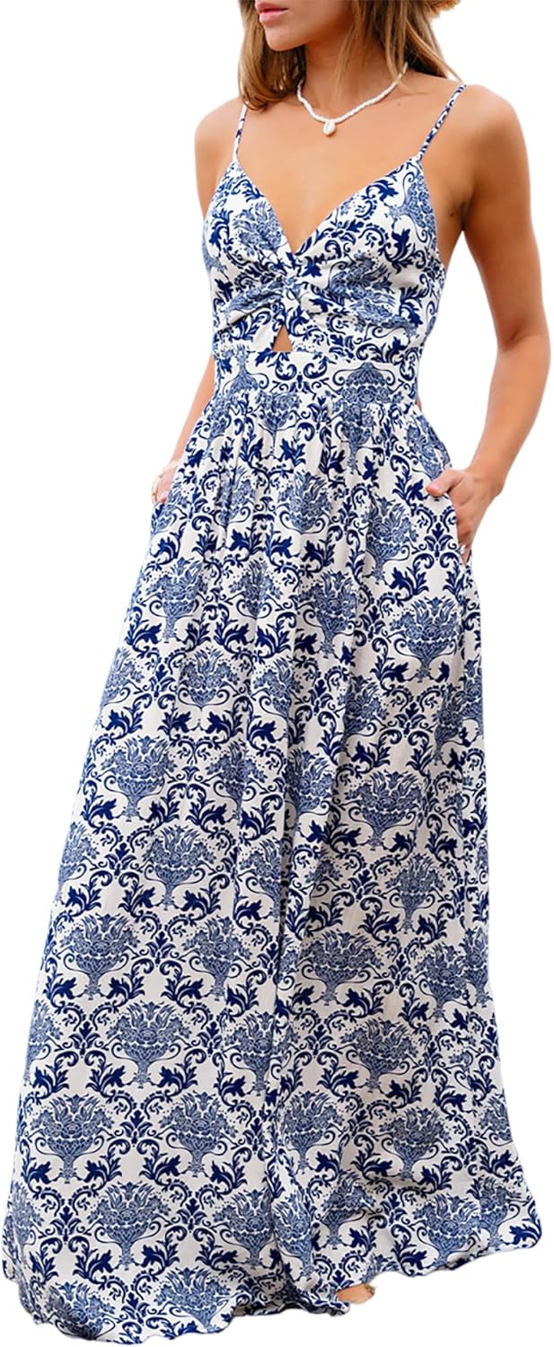 CUPSHE Women's Maxi Dress Floral Print Twisted V Neck Sleeveless Long Dress Summer Casual Dress