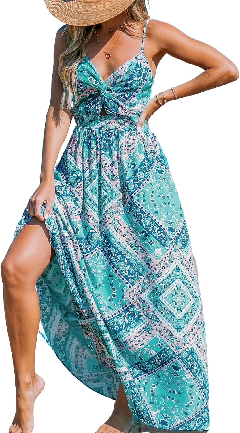 CUPSHE Women's Maxi Dress Floral Print Twisted V Neck Sleeveless Long Dress Summer Casual Dress