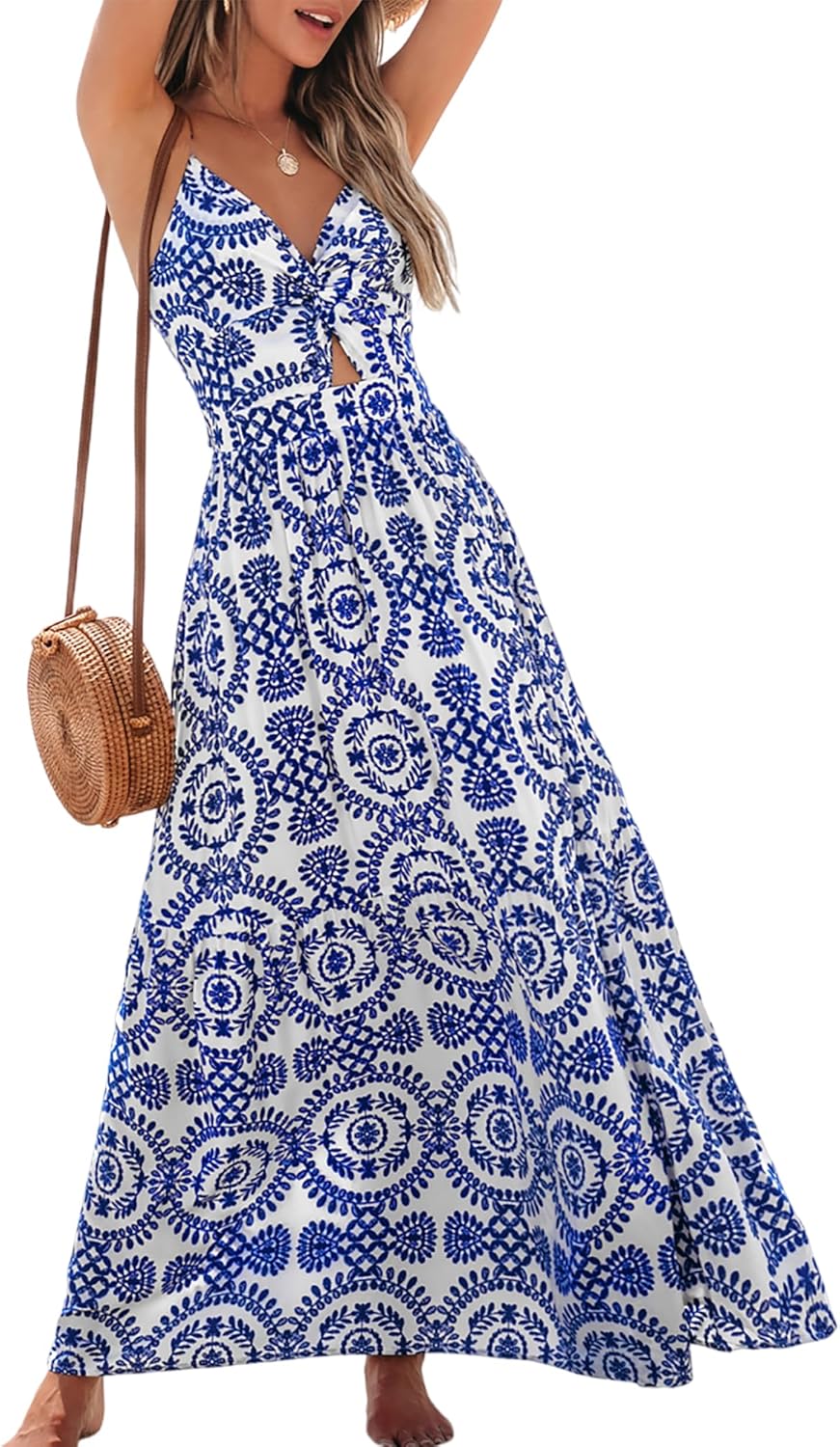 CUPSHE Women's Maxi Dress Floral Print Twisted V Neck Sleeveless Long Dress Summer Casual Dress