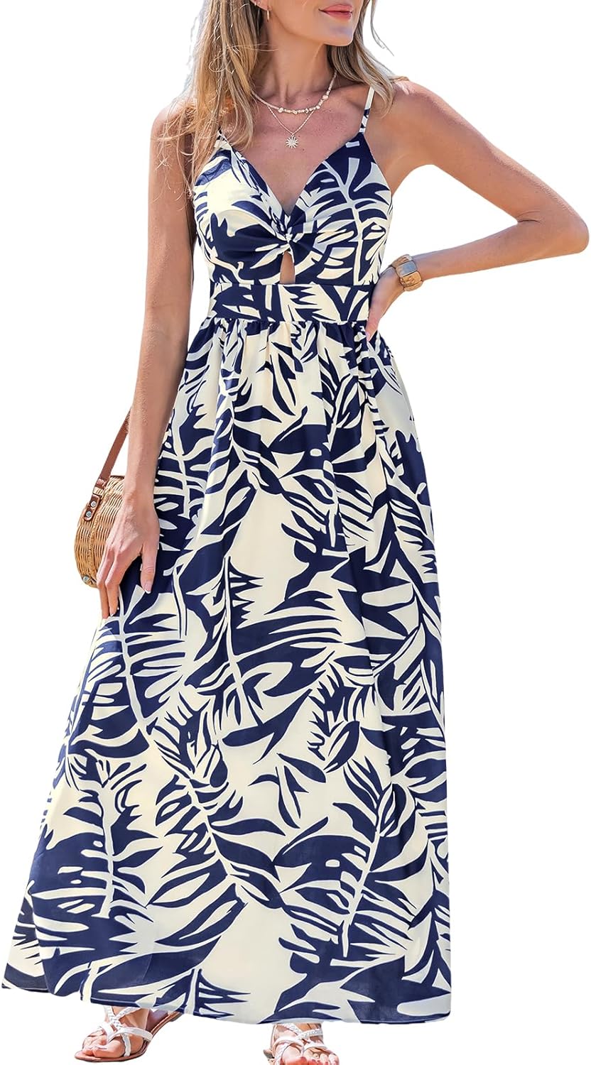 CUPSHE Women's Maxi Dress Floral Print Twisted V Neck Sleeveless Long Dress Summer Casual Dress