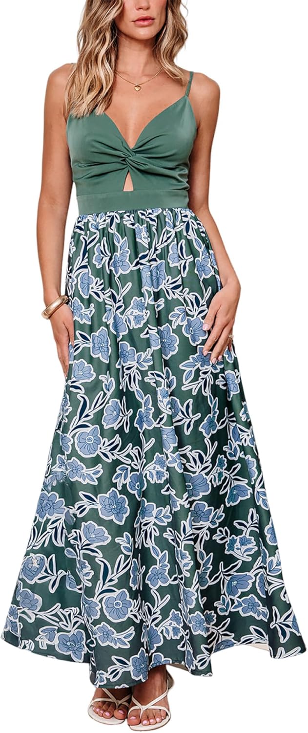 CUPSHE Women's Maxi Dress Floral Print Twisted V Neck Sleeveless Long Dress Summer Casual Dress