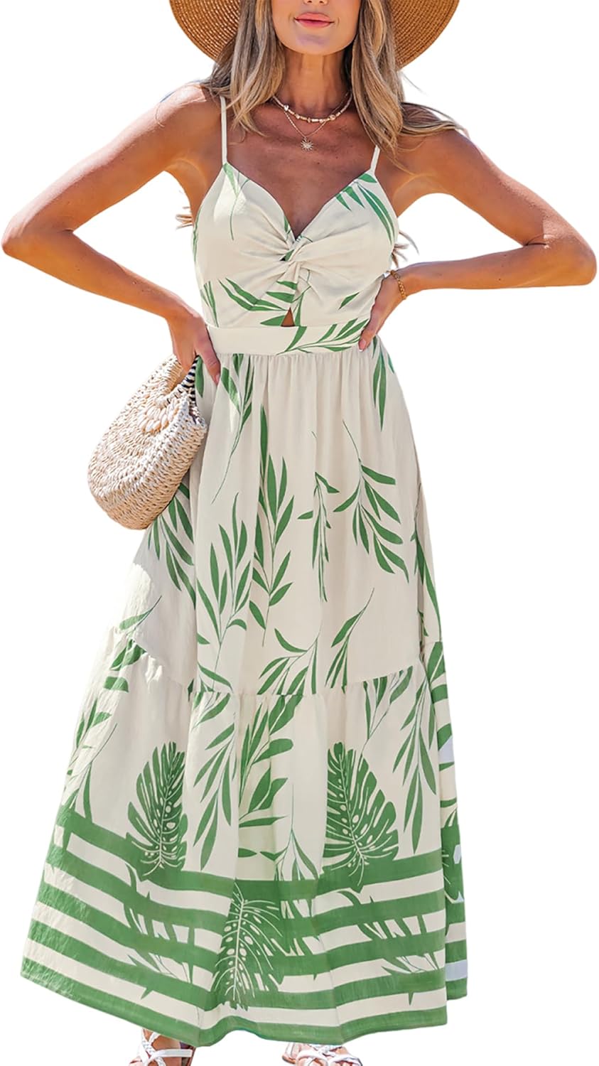 CUPSHE Women's Maxi Dress Floral Print Twisted V Neck Sleeveless Long Dress Summer Casual Dress