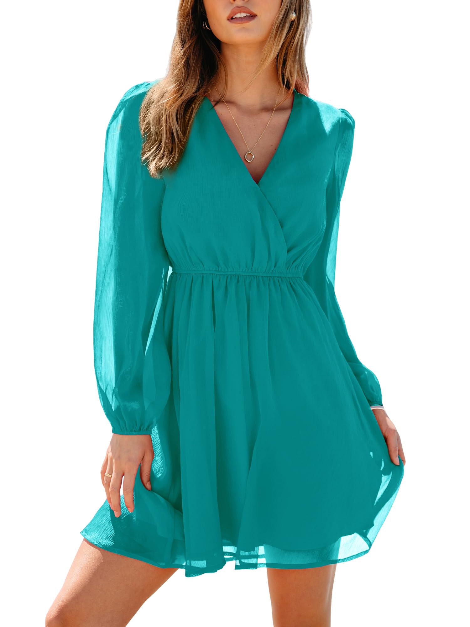 CUPSHE Women's Mini Dresses Casual Spring V Neck Chiffon Long Peasant Sleeves Flowy Summer Dress