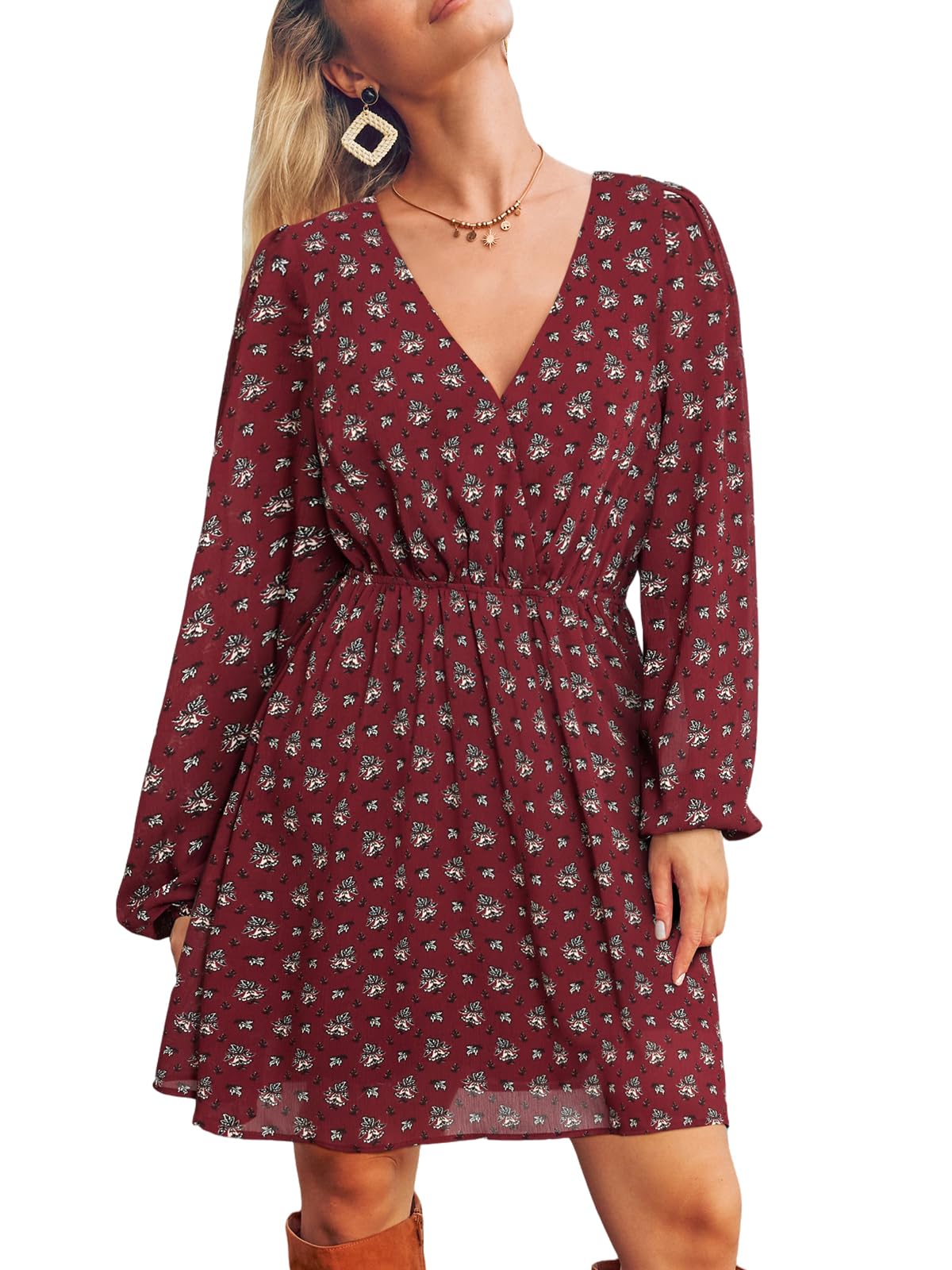 CUPSHE Women's Mini Dresses Casual Spring V Neck Chiffon Long Peasant Sleeves Flowy Summer Dress