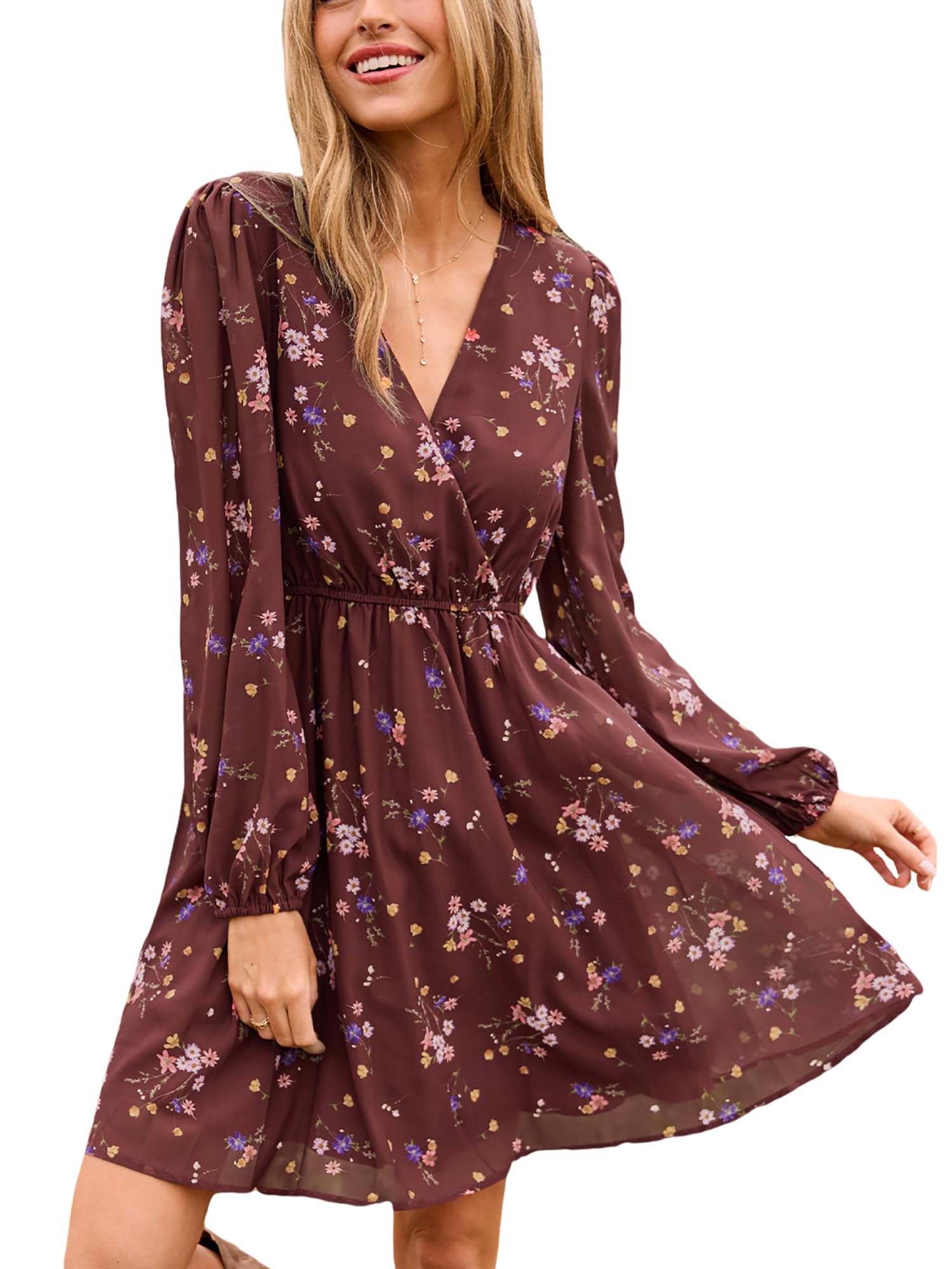 CUPSHE Women's Mini Dresses Casual Spring V Neck Chiffon Long Peasant Sleeves Flowy Summer Dress