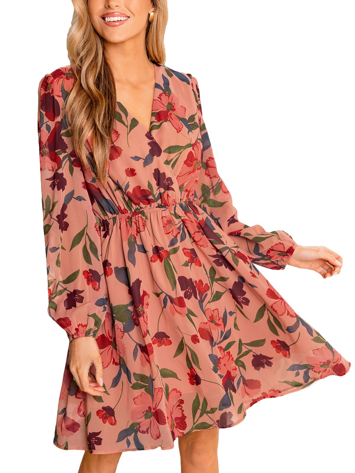 CUPSHE Women's Mini Dresses Casual Spring V Neck Chiffon Long Peasant Sleeves Flowy Summer Dress