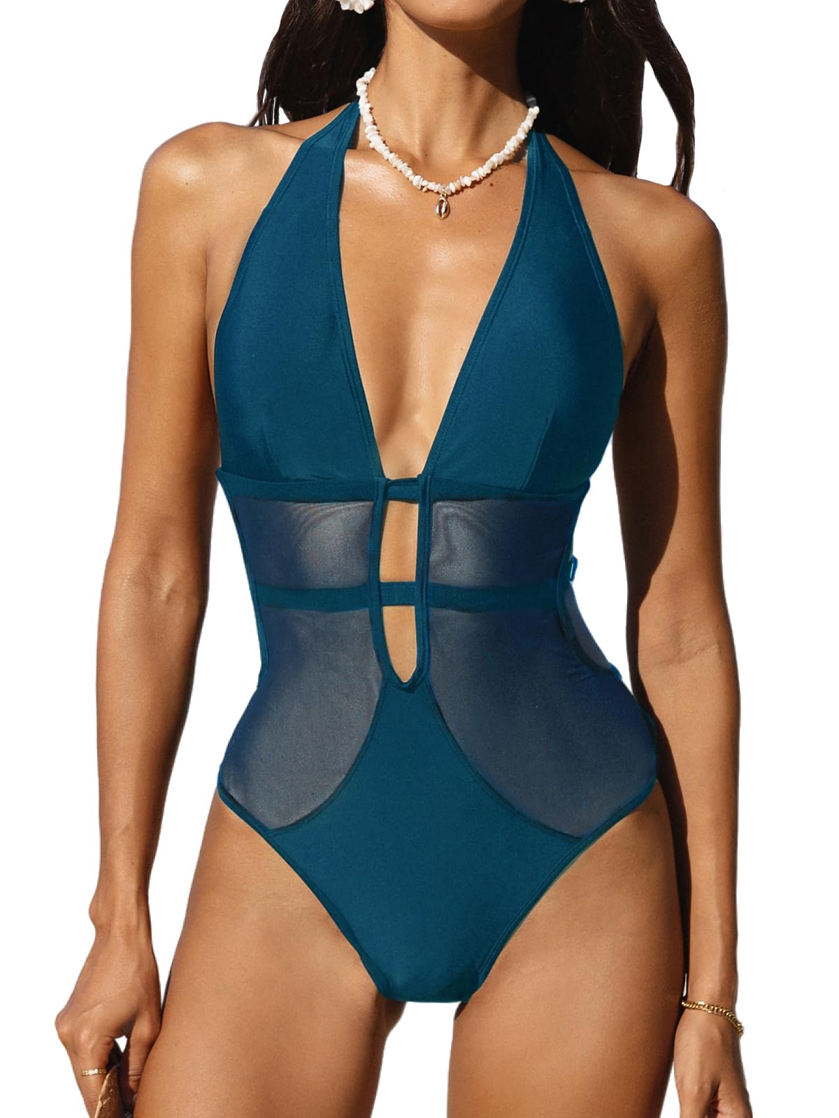 CUPSHE Women's One Piece Swimsuit Bathing Suit Deep V Neck Halter Back Tie Mesh Swimwear