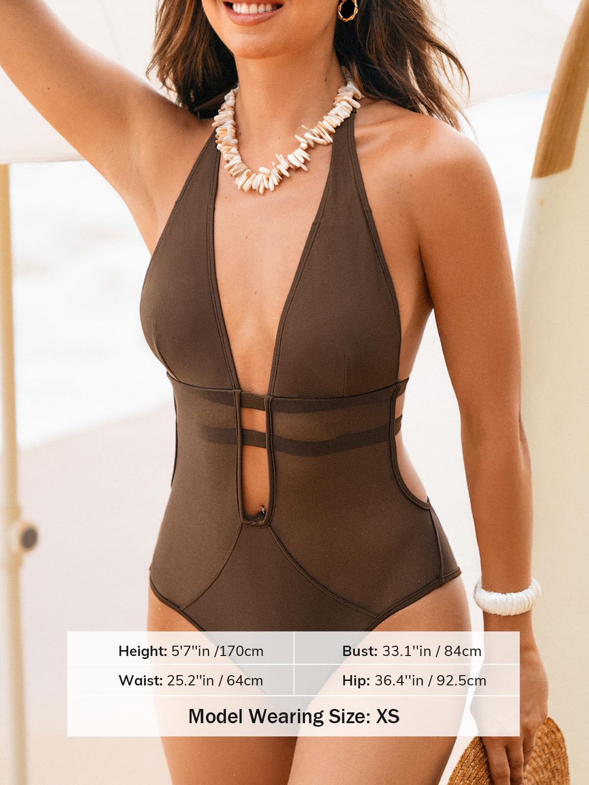 CUPSHE Women's One Piece Swimsuit Bathing Suit Deep V Neck Halter Back Tie Mesh Swimwear