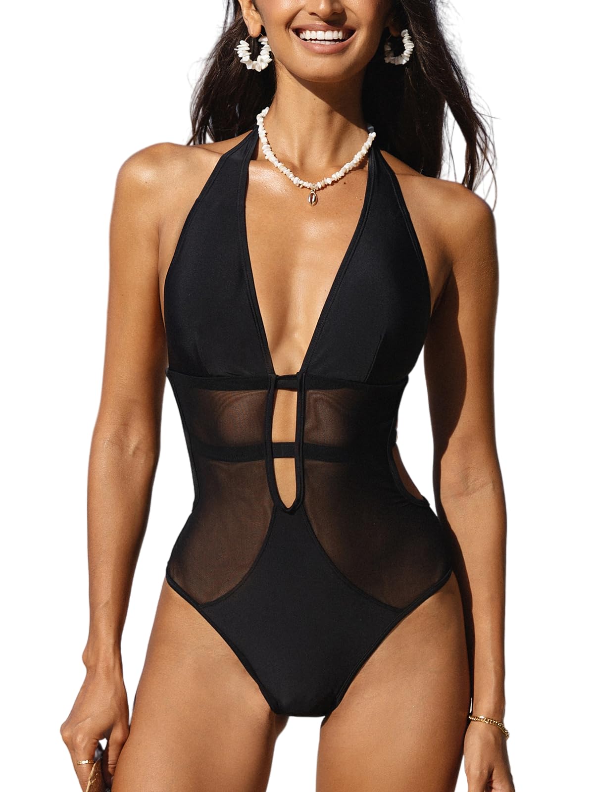 CUPSHE Women's One Piece Swimsuit Bathing Suit Deep V Neck Halter Back Tie Mesh Swimwear