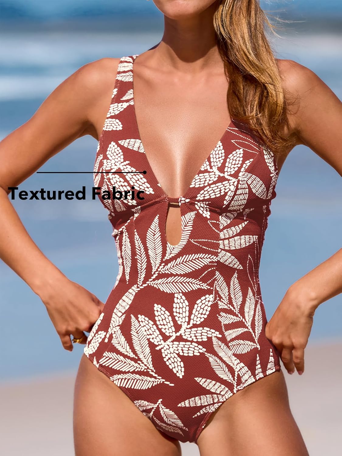 CUPSHE Women's One Piece Swimsuit Deep V Neck Keyhole Cutout O Ring Textured Bathing Suit