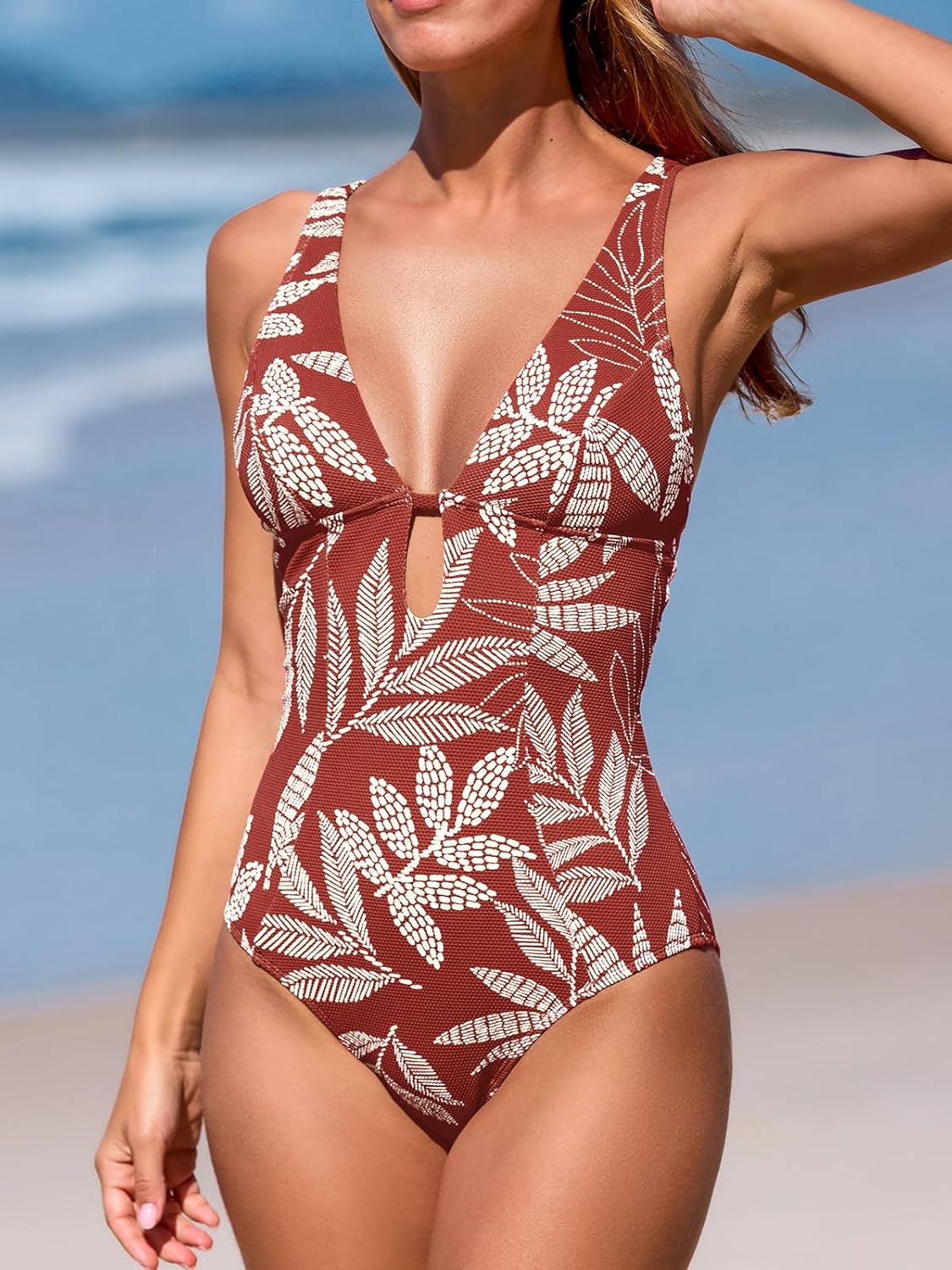 CUPSHE Women's One Piece Swimsuit Deep V Neck Keyhole Cutout O Ring Textured Bathing Suit