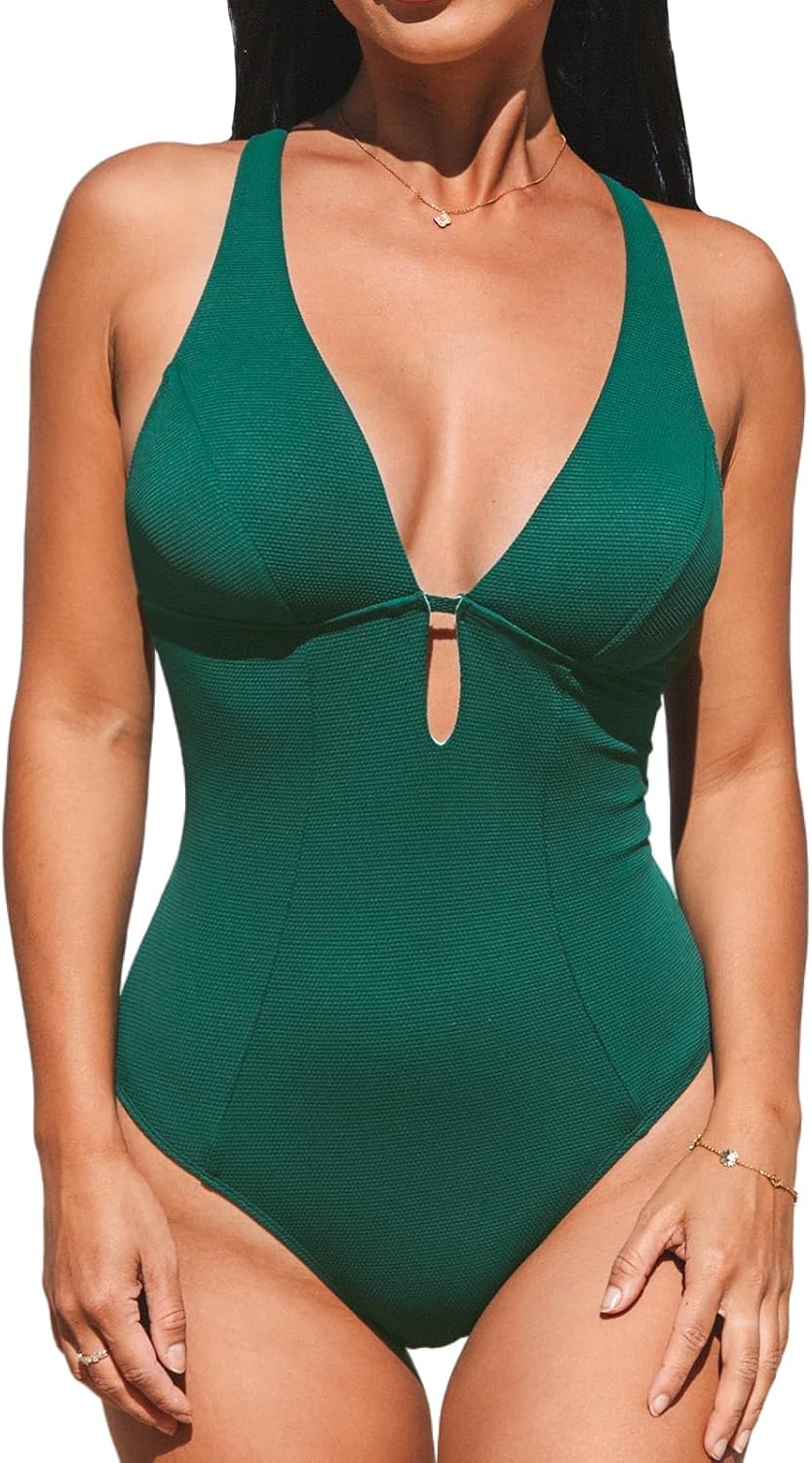 CUPSHE Women's One Piece Swimsuit Deep V Neck Keyhole Cutout O Ring Textured Bathing Suit