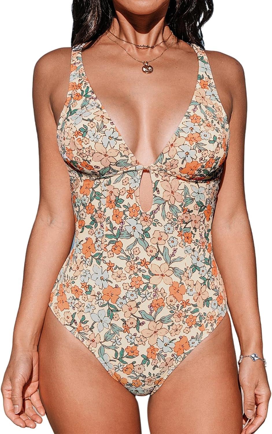 CUPSHE Women's One Piece Swimsuit Deep V Neck Keyhole Cutout O Ring Textured Bathing Suit