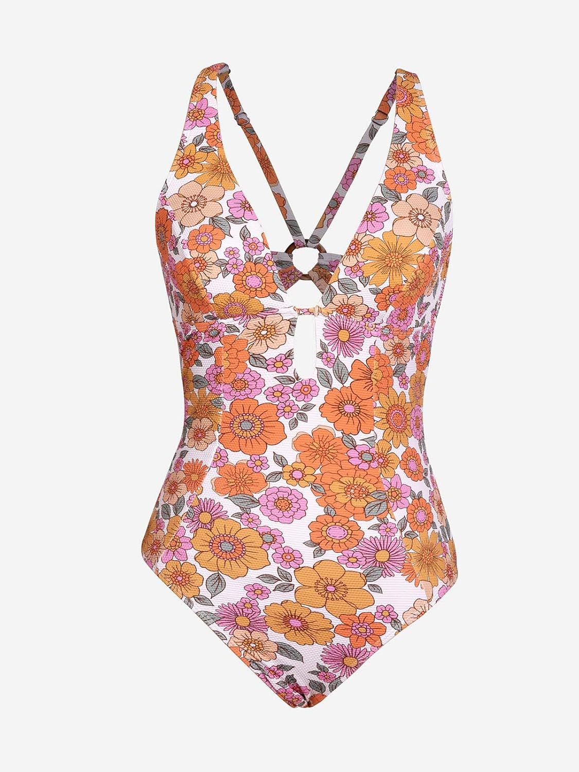 CUPSHE Women's One Piece Swimsuit Deep V Neck Keyhole Cutout O Ring Textured Bathing Suit