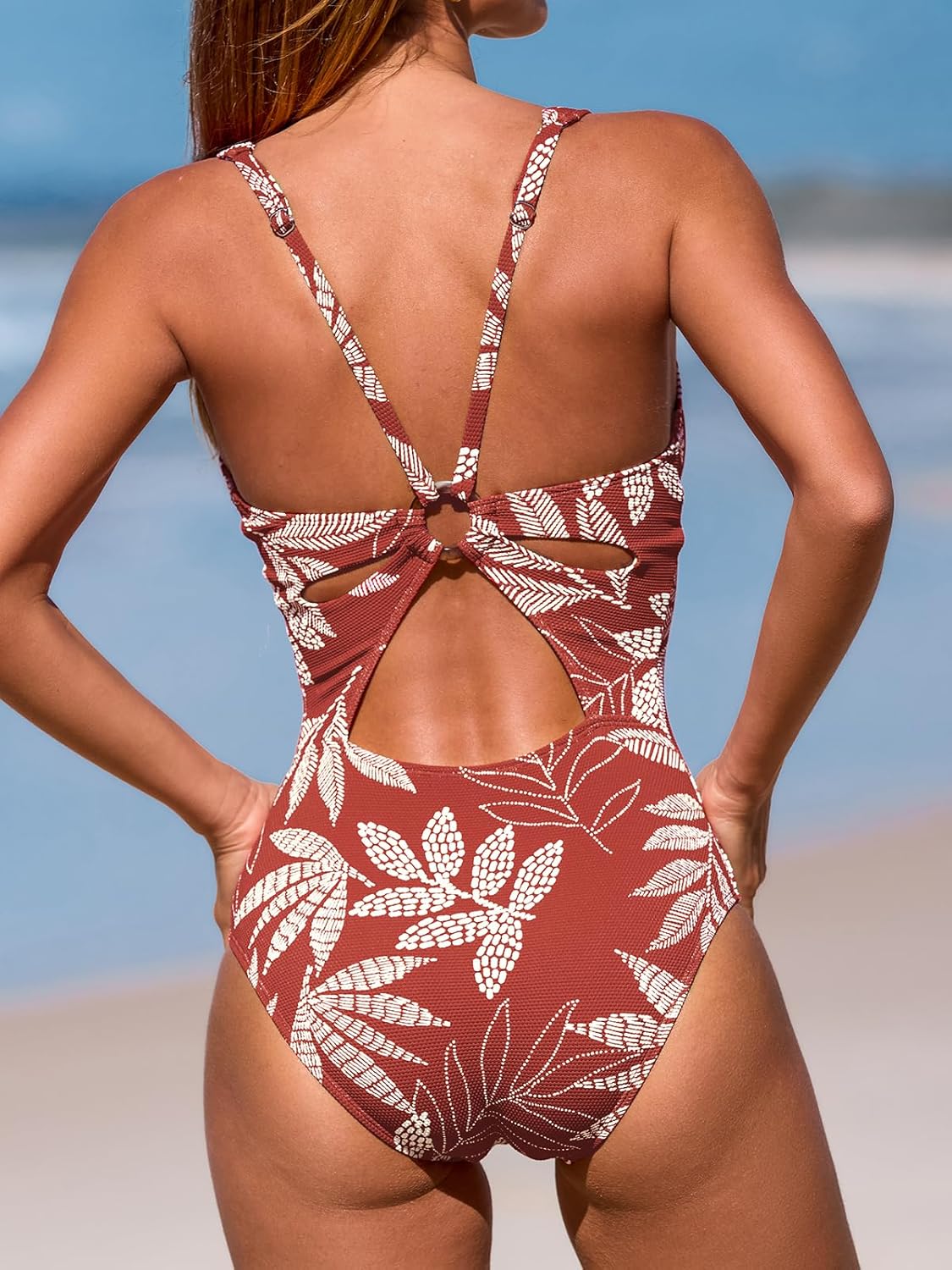 CUPSHE Women's One Piece Swimsuit Deep V Neck Keyhole Cutout O Ring Textured Bathing Suit