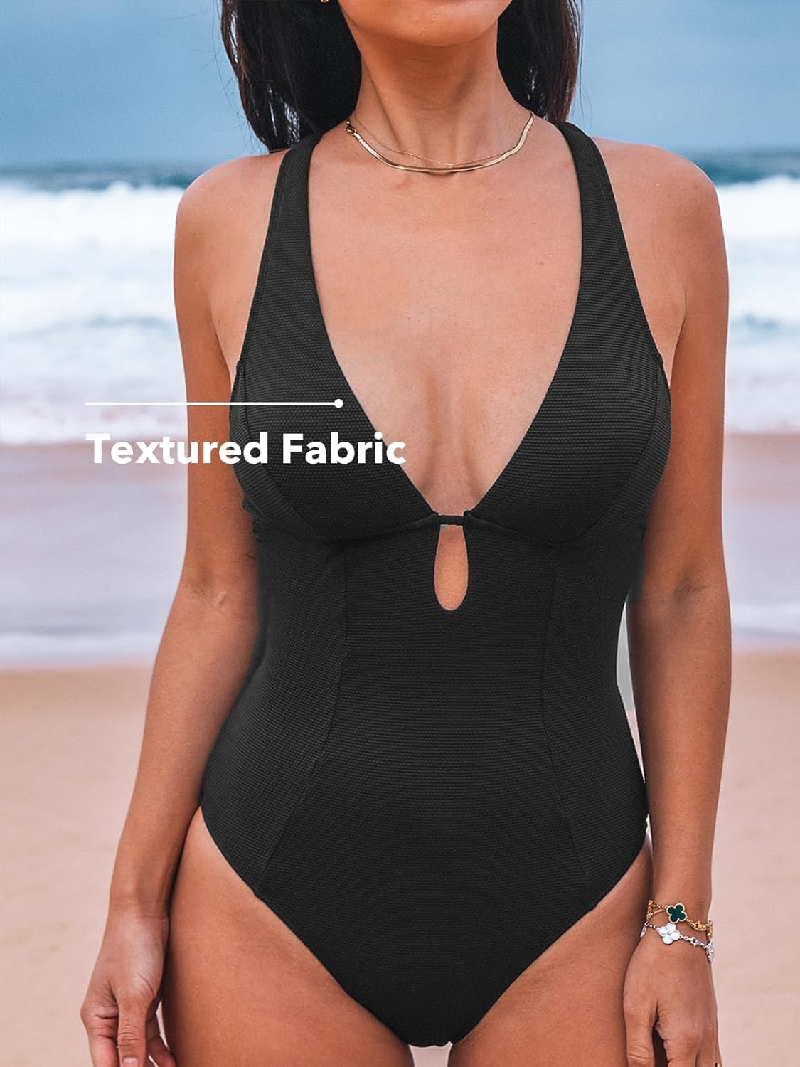 CUPSHE Women's One Piece Swimsuit Deep V Neck Keyhole Cutout O Ring Textured Bathing Suit