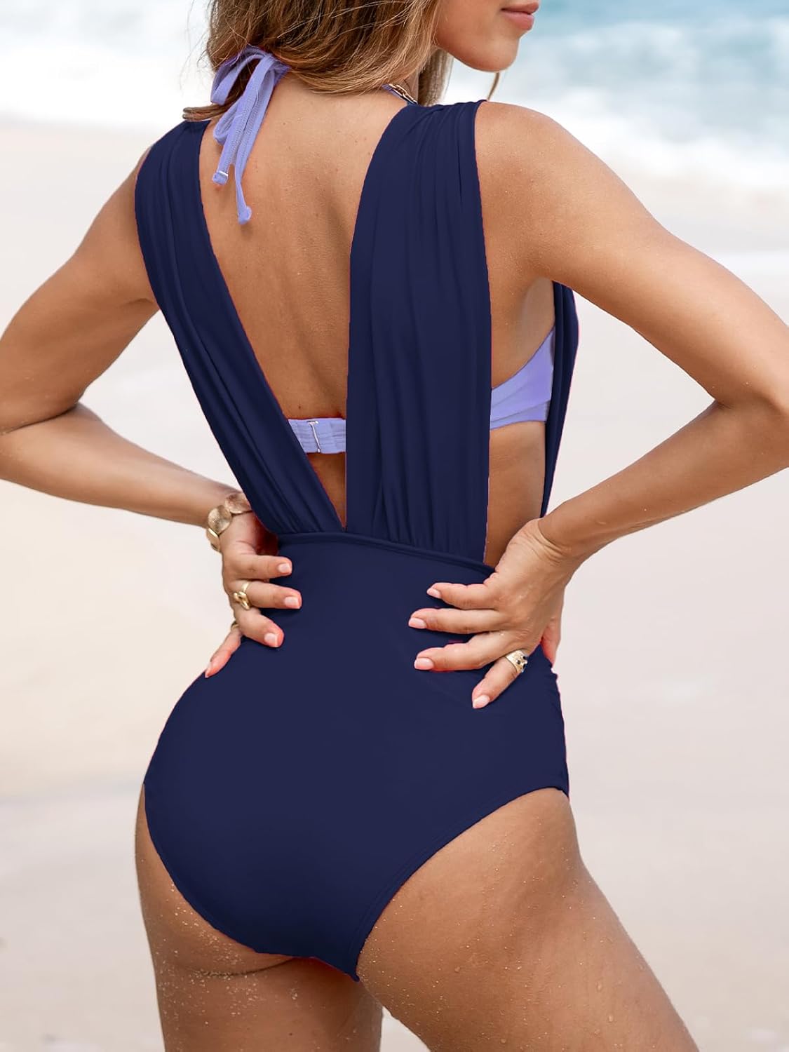 CUPSHE Women's One Piece Swimsuit Halter Plunging Neck Bathing Suit Wide Straps Underwire Ruched Back Hook