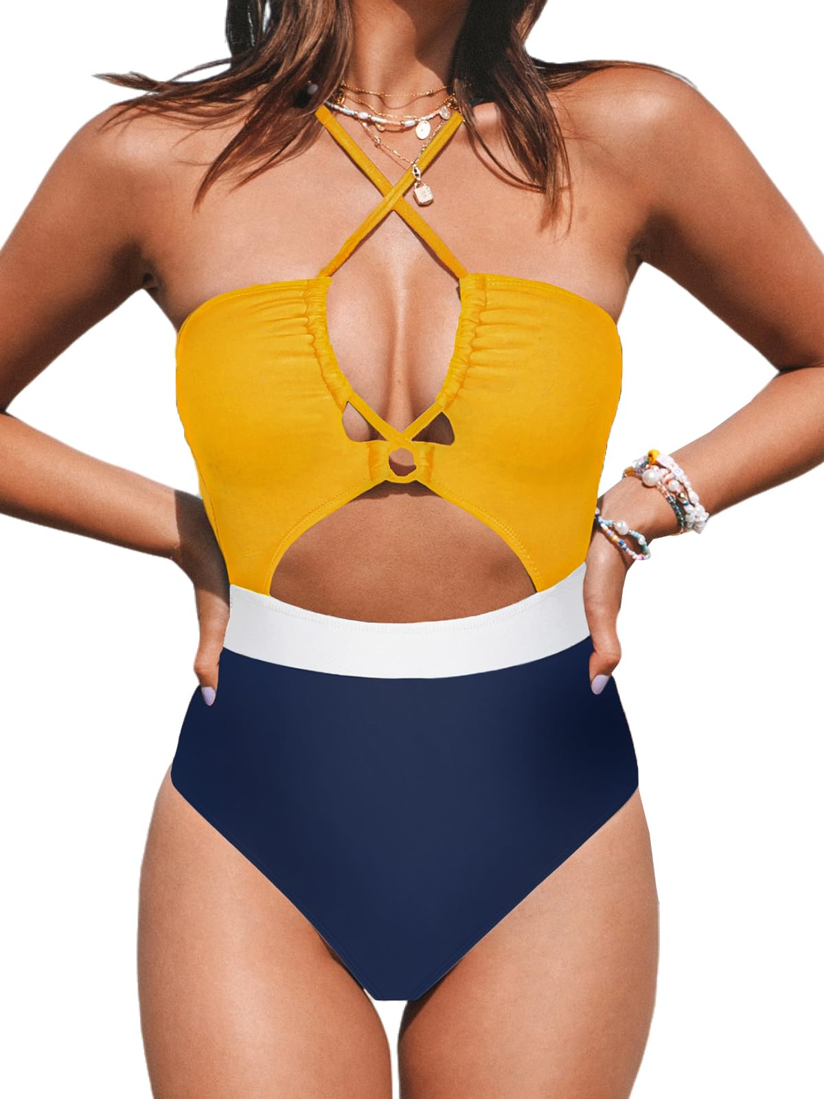 CUPSHE Women's One Piece Swimsuit Plunge Neckline Cutout Criss Cross Bathing Suit