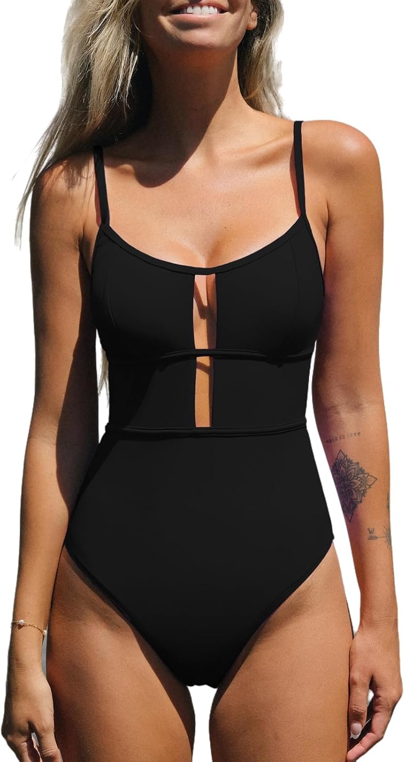 CUPSHE Women's One Piece Swimsuit Scoop Neck Adjustable Straps Cutout Back Self Tie Bathing Suit