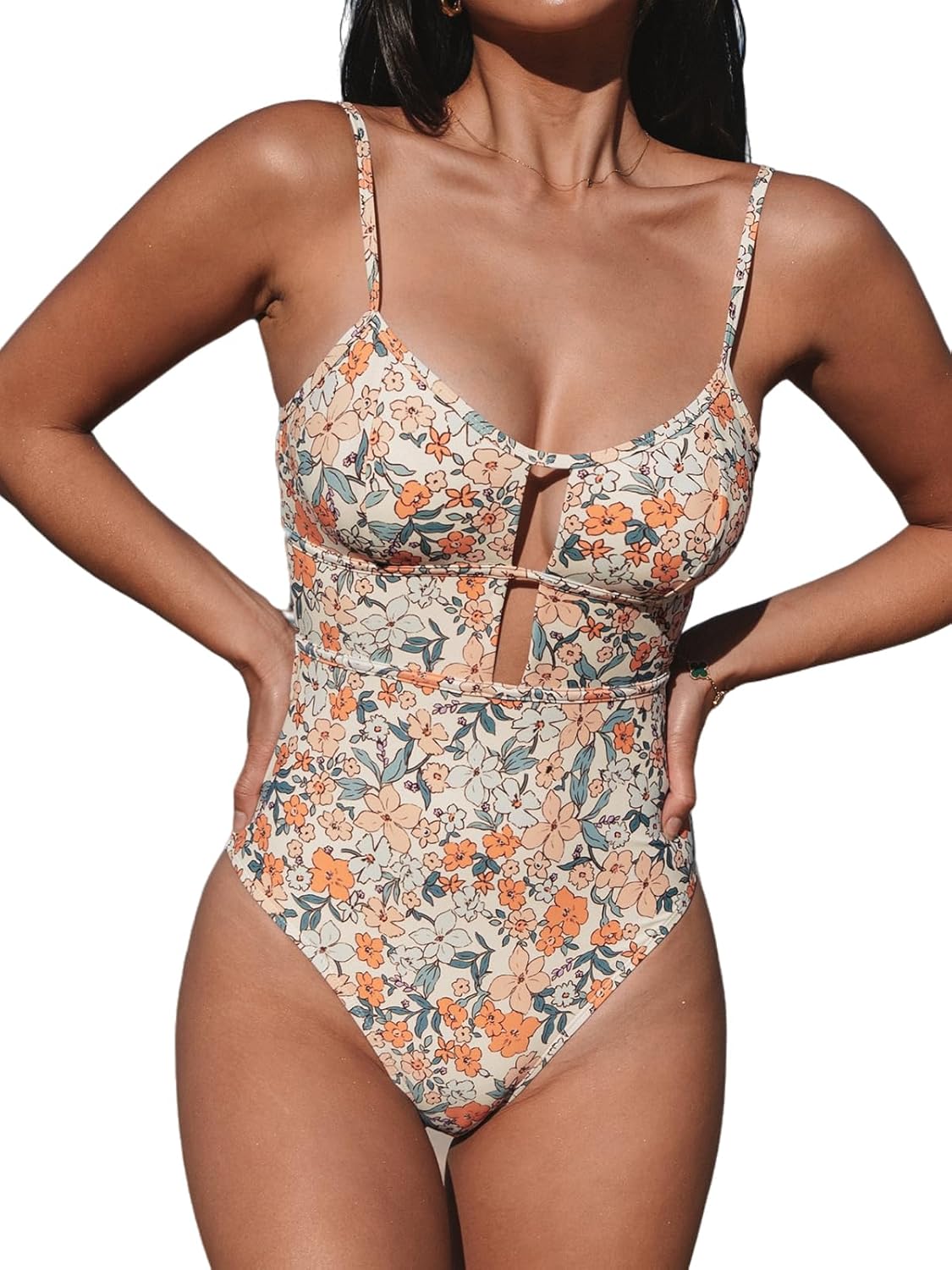 CUPSHE Women's One Piece Swimsuit Scoop Neck Adjustable Straps Cutout Back Self Tie Bathing Suit