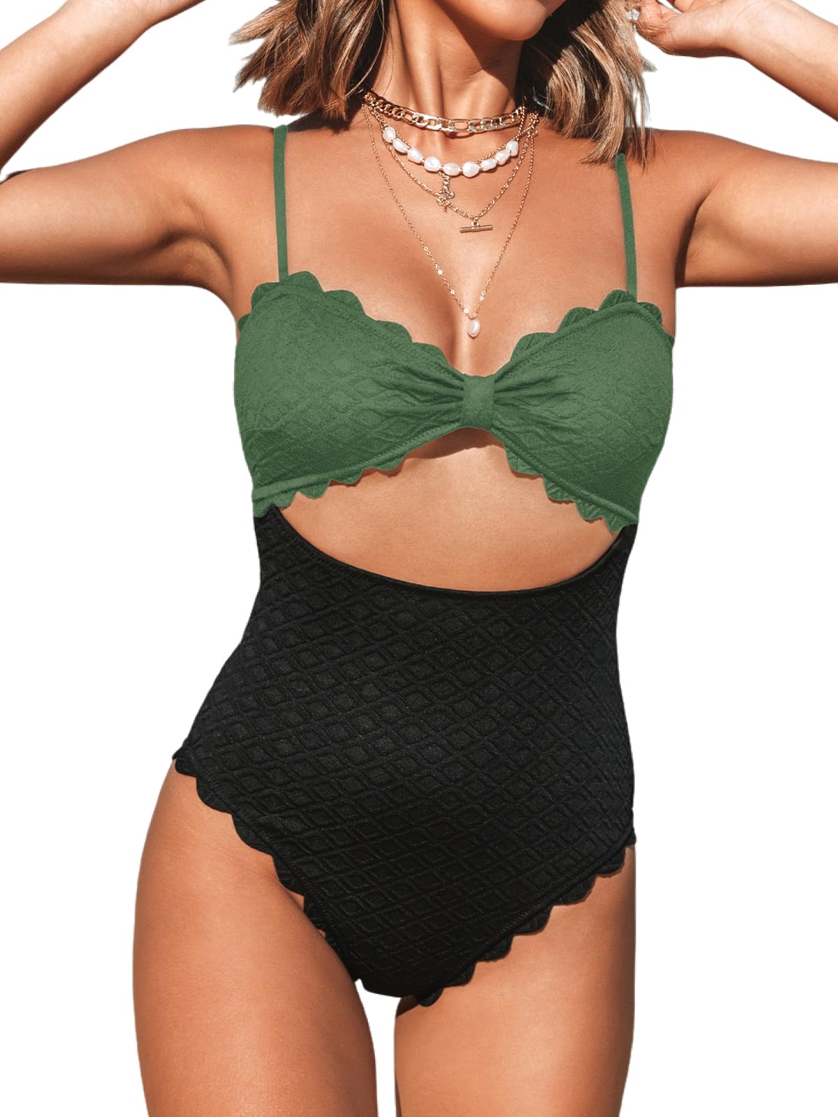 CUPSHE Women's One Piece Swimsuit Sexy Black Cutout Scallop Trim Bathing Suit
