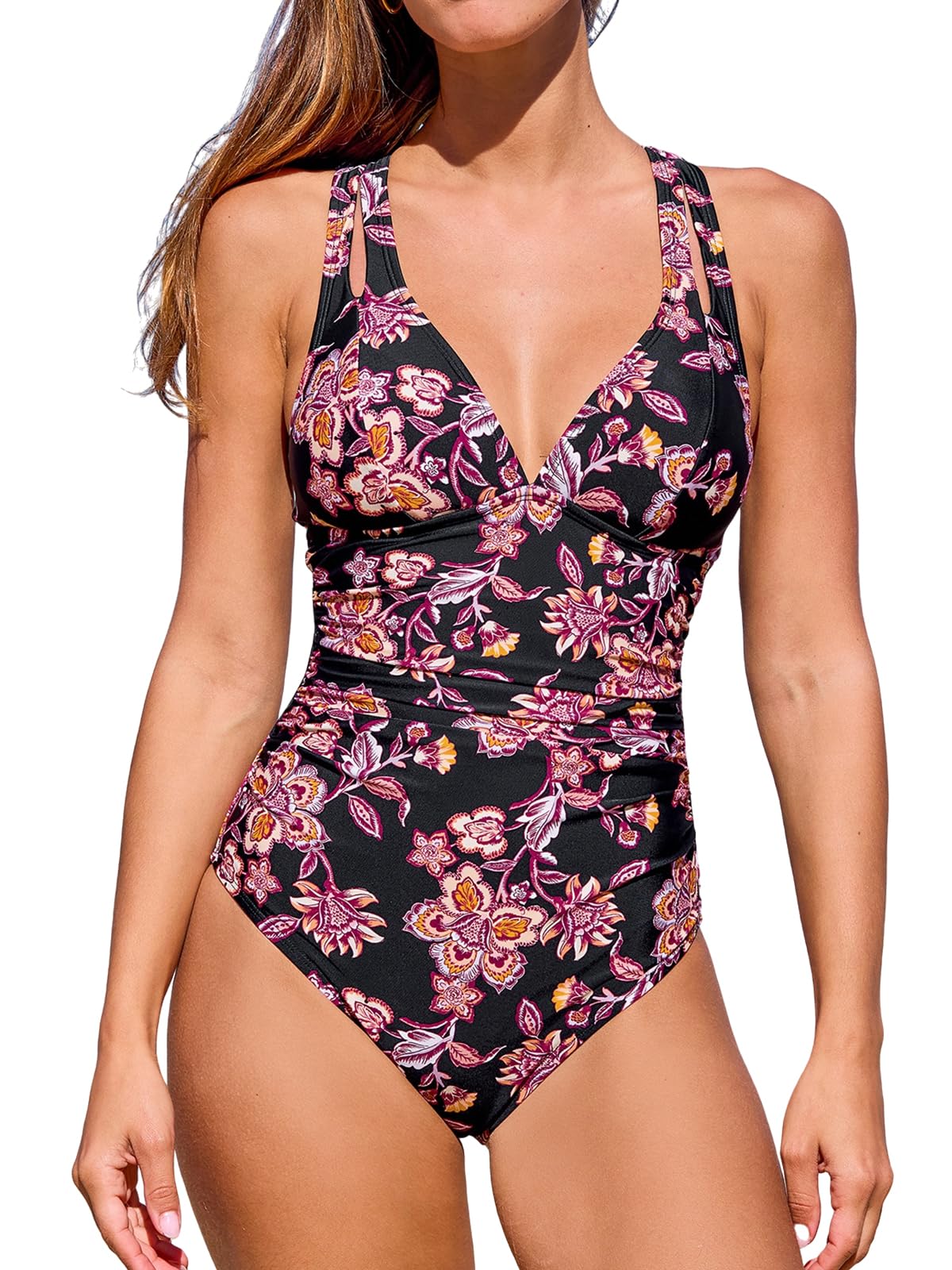 CUPSHE Women's One Piece Swimsuit Tummy Control Deep V Neck Double Straps Crisscross Back Tie Bathing Suit