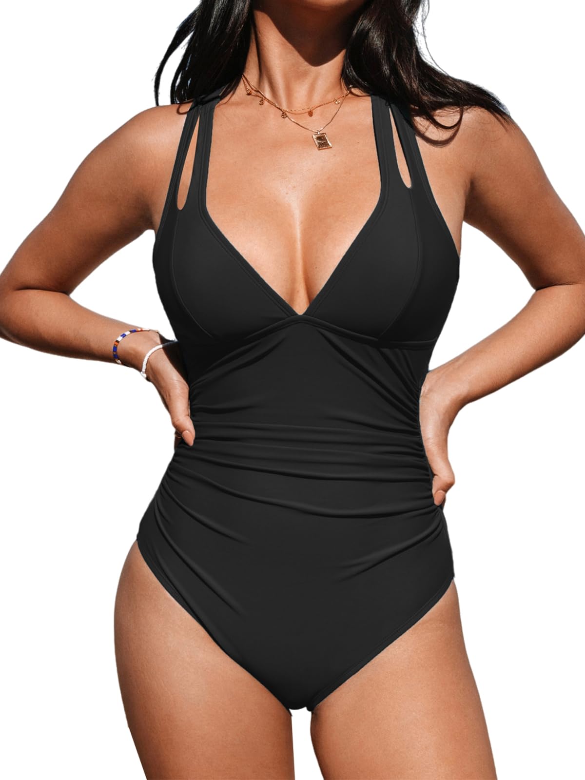 CUPSHE Women's One Piece Swimsuit Tummy Control Deep V Neck Double Straps Crisscross Back Tie Bathing Suit