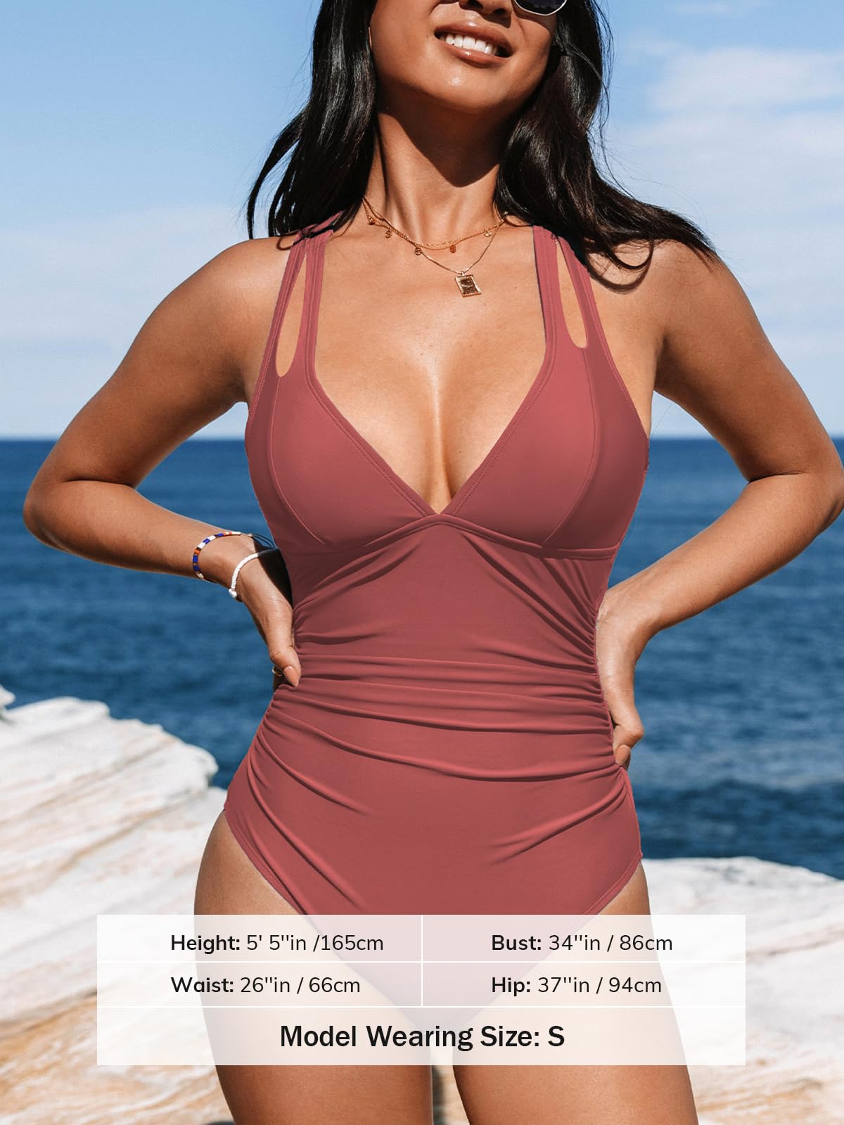 CUPSHE Women's One Piece Swimsuit Tummy Control Deep V Neck Double Straps Crisscross Back Tie Bathing Suit