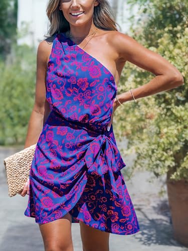 CUPSHE Women's One Shoulder Leaf Print Self-tie Short Dress Sleeveless Tiered Hem Formal Dress Casual Mini Dress