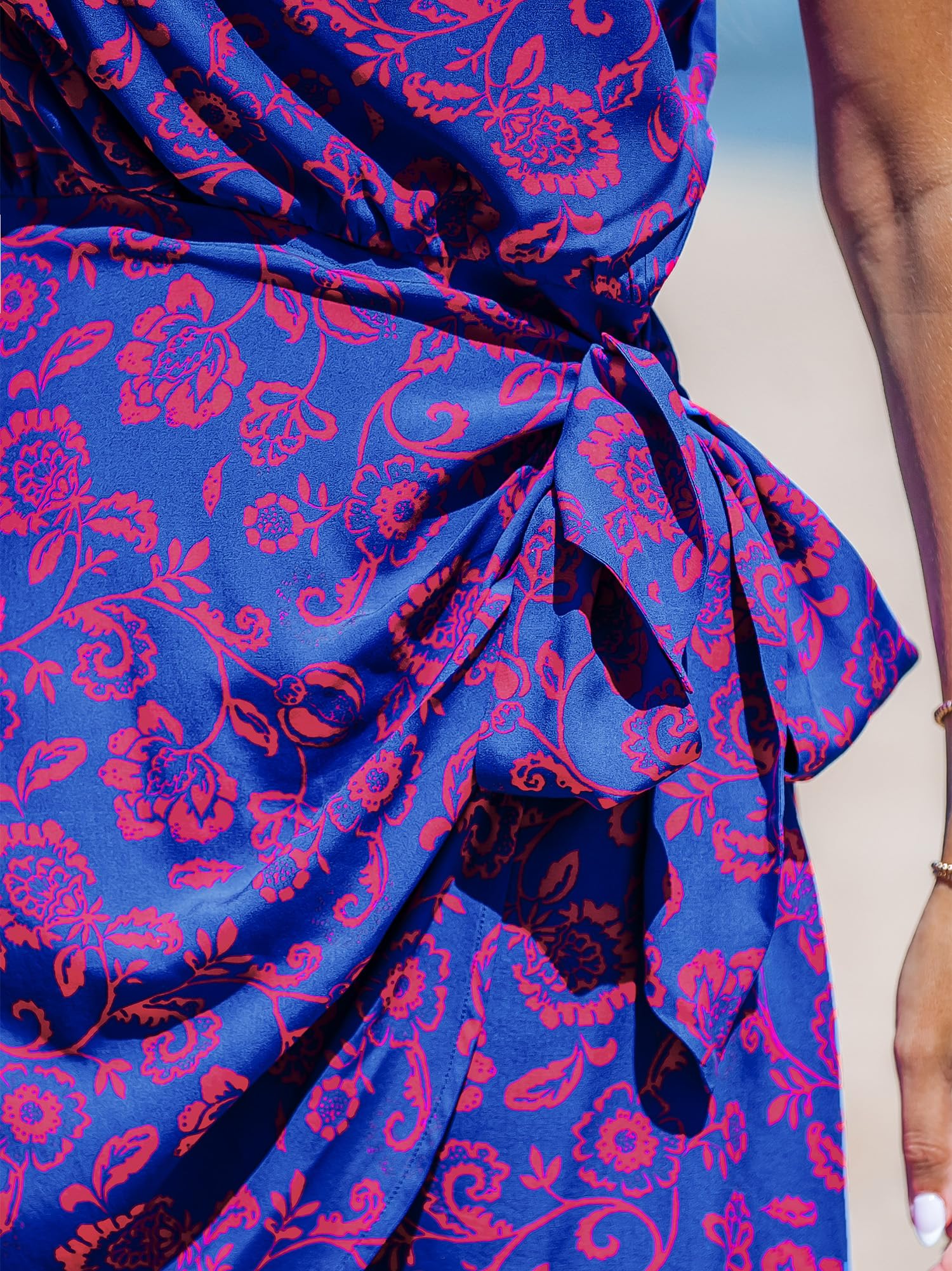 CUPSHE Women's One Shoulder Leaf Print Self-tie Short Dress Sleeveless Tiered Hem Formal Dress Casual Mini Dress