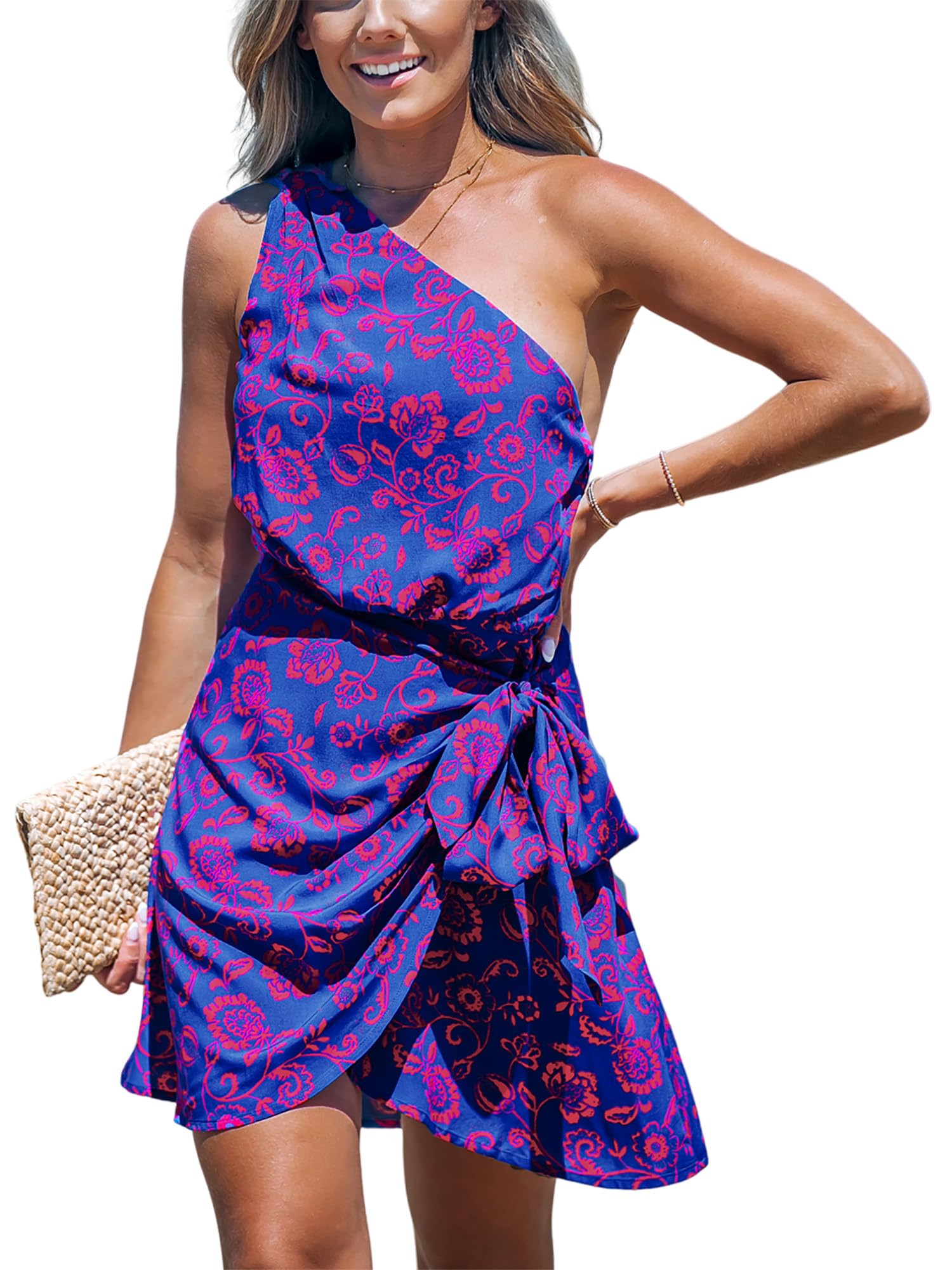 CUPSHE Women's One Shoulder Leaf Print Self-tie Short Dress Sleeveless Tiered Hem Formal Dress Casual Mini Dress