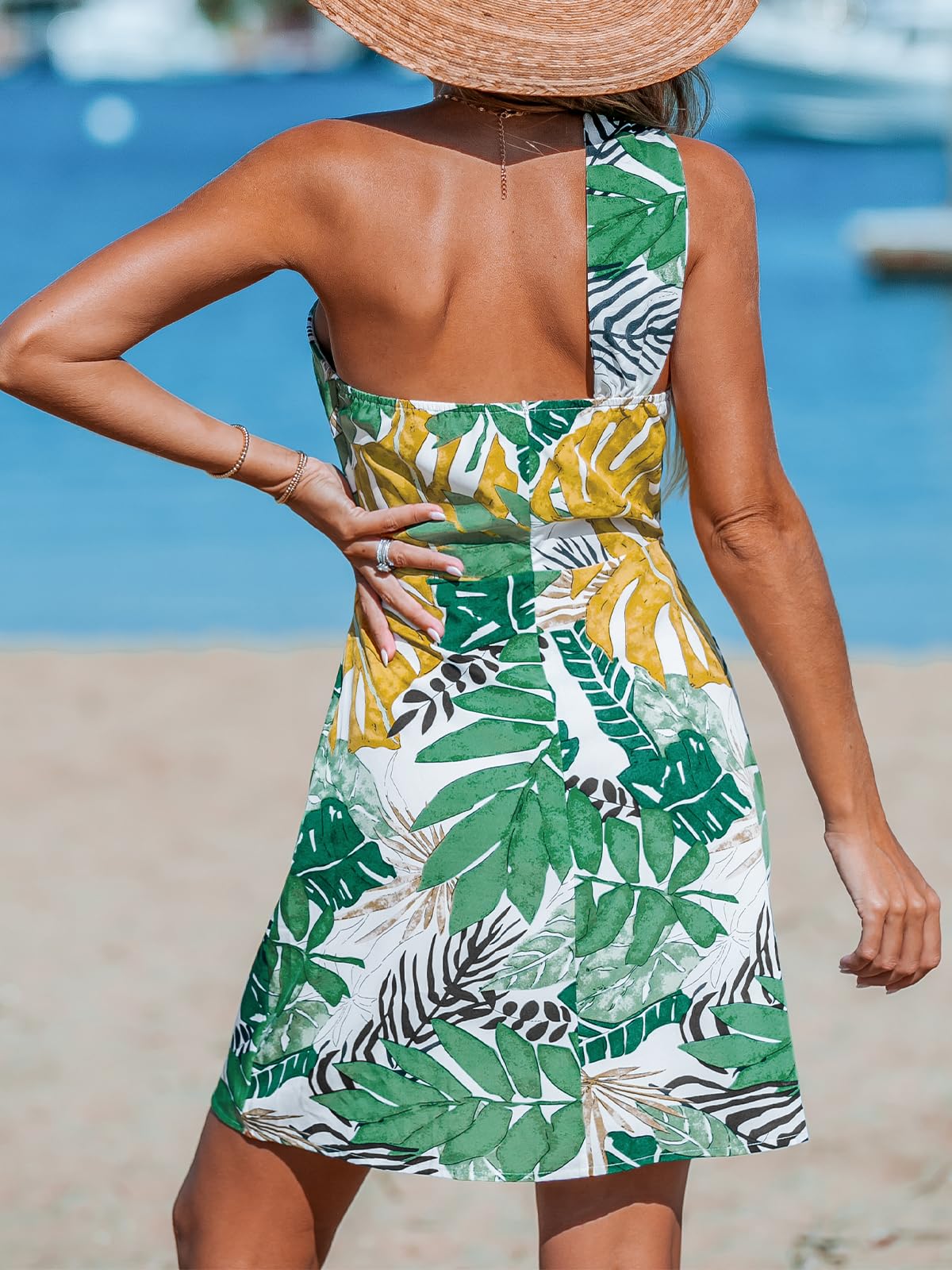 CUPSHE Women's One Shoulder Leaf Print Self-tie Short Dress Sleeveless Tiered Hem Formal Dress Casual Mini Dress