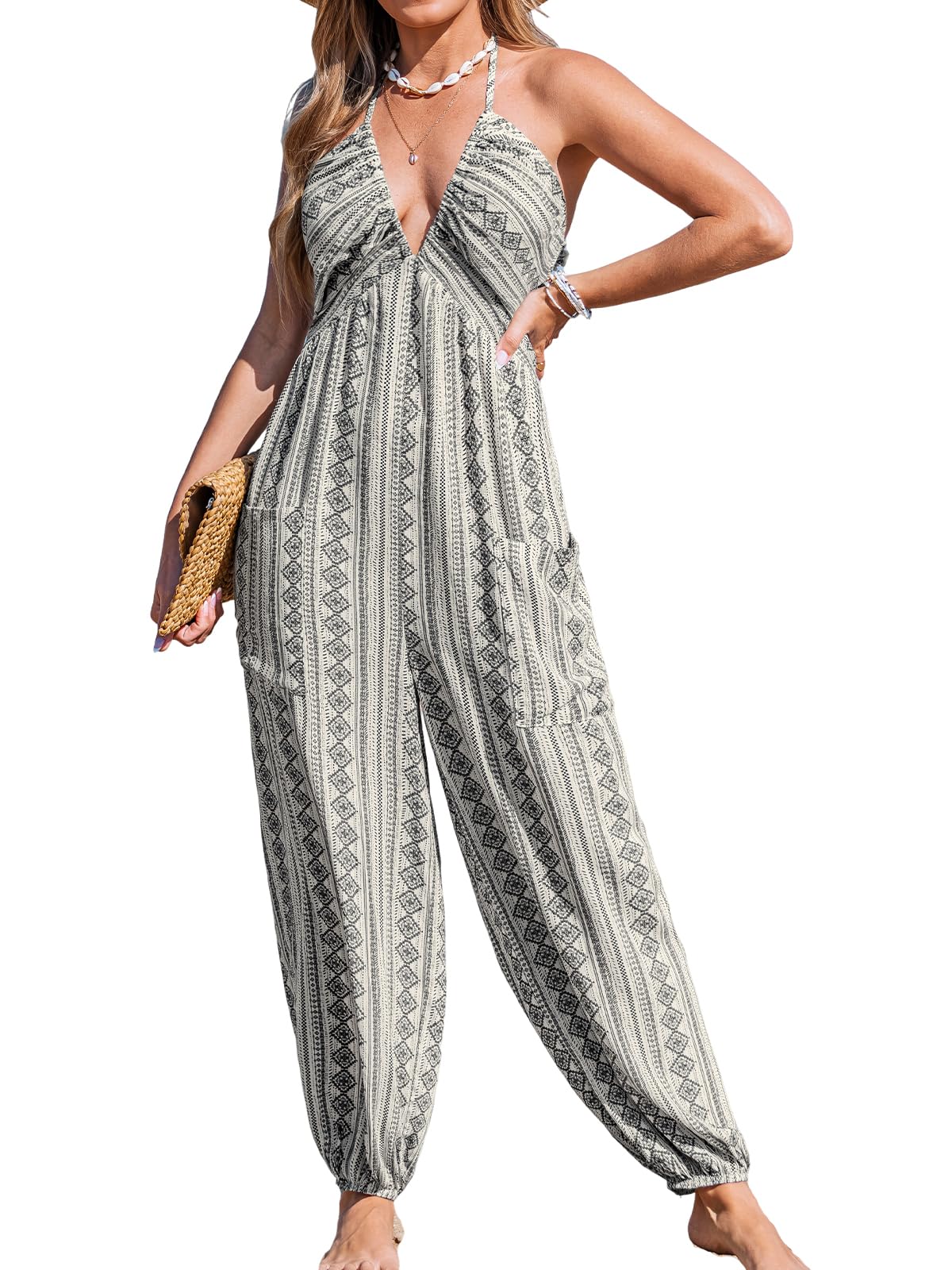 CUPSHE Women's Plunge Halter Sleeveless Pleated Long Romper Knit Jogger Maxi Jumpsuit with Pockets