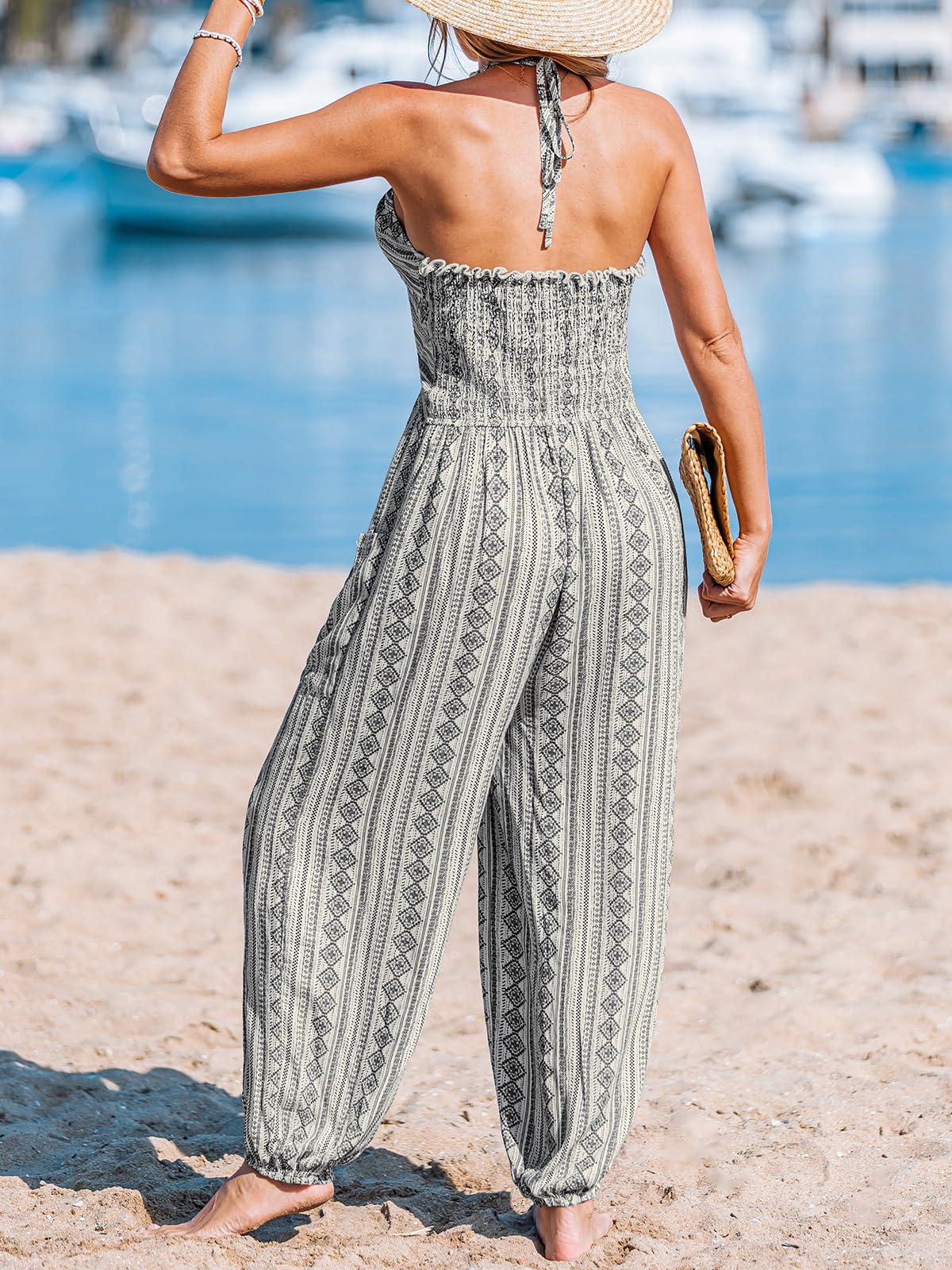 CUPSHE Women's Plunge Halter Sleeveless Pleated Long Romper Knit Jogger Maxi Jumpsuit with Pockets